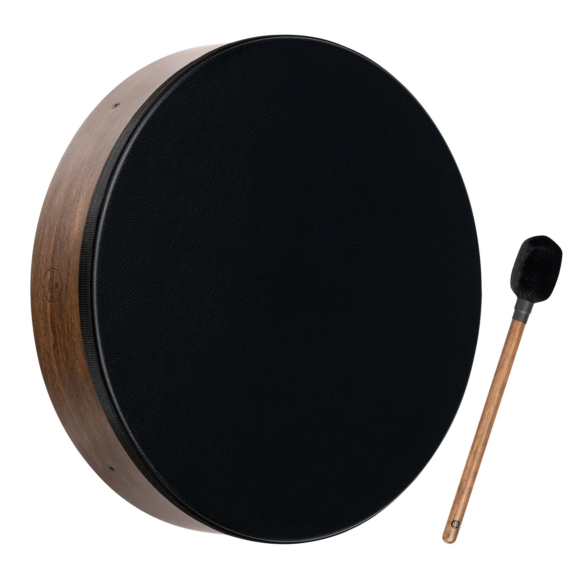Black frame drum with wood handle beater for sound healing and meditation
