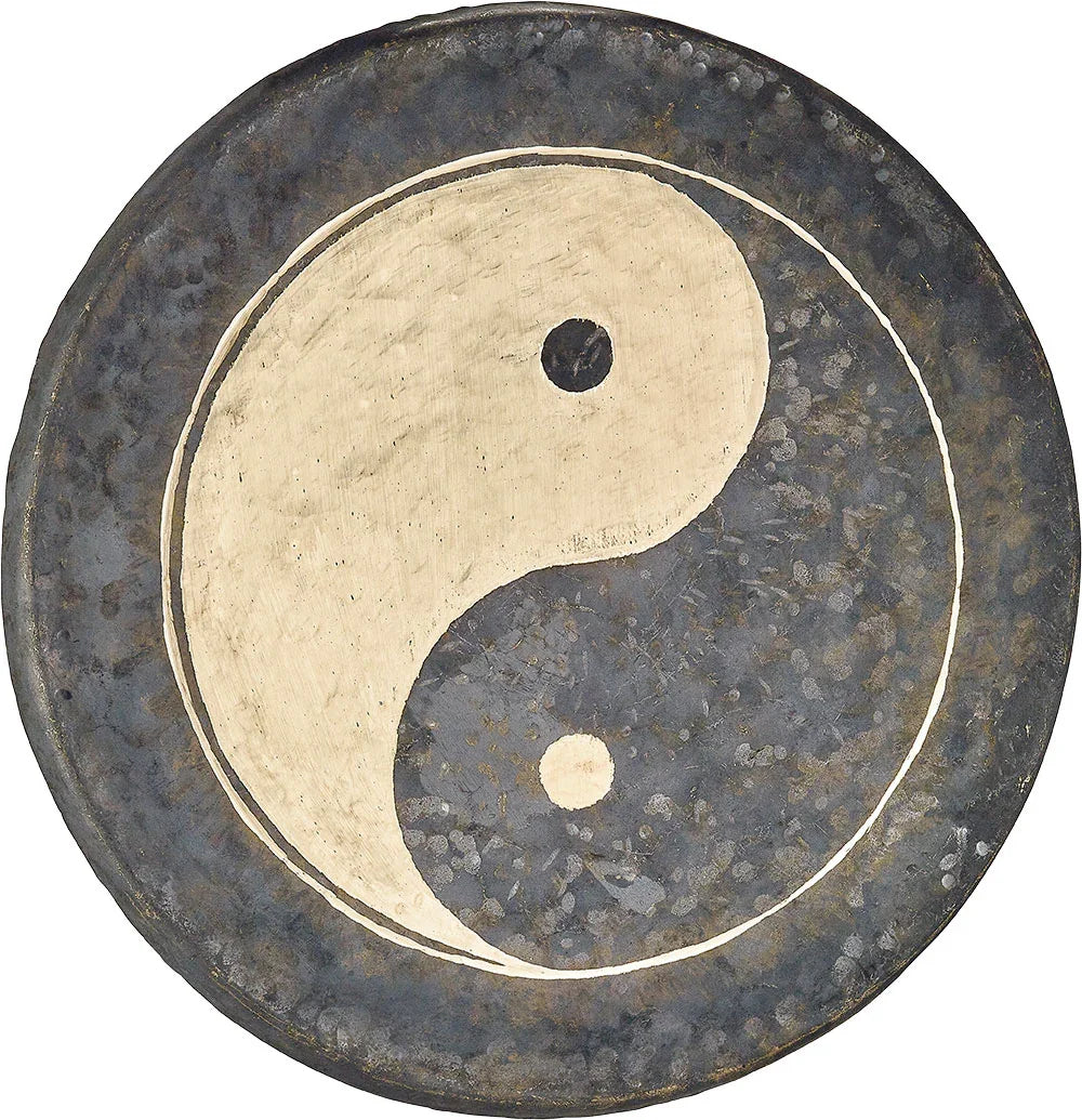 Handmade gong with black and gold yin yang symbol, energy sound healing instrument