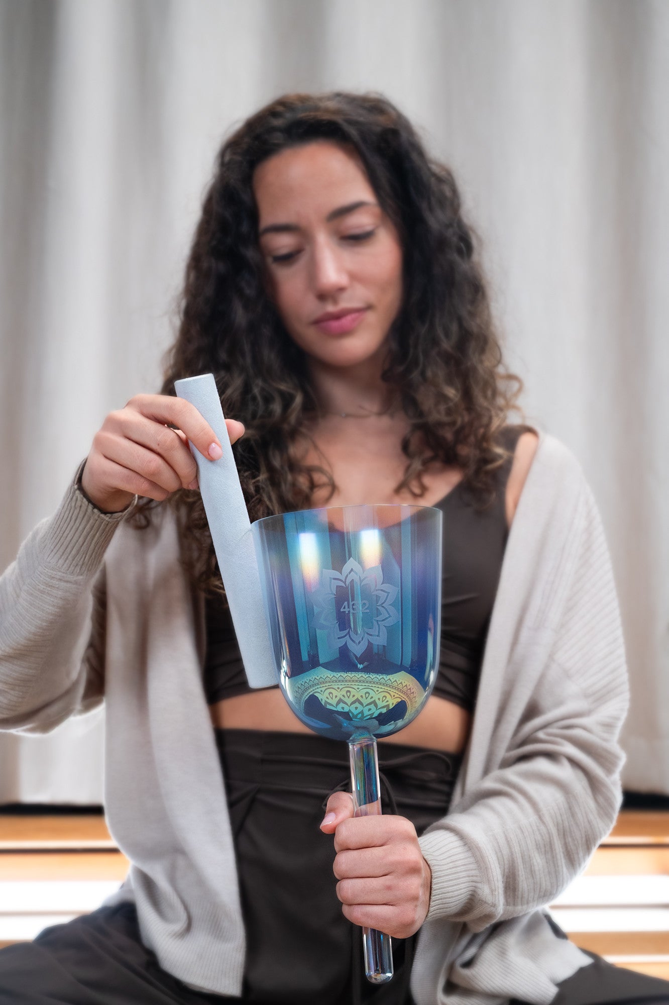 5.5" Essence Crystal Singing Bowl, Note A4, Slate Blue, Lotus Flower, 432 Hz