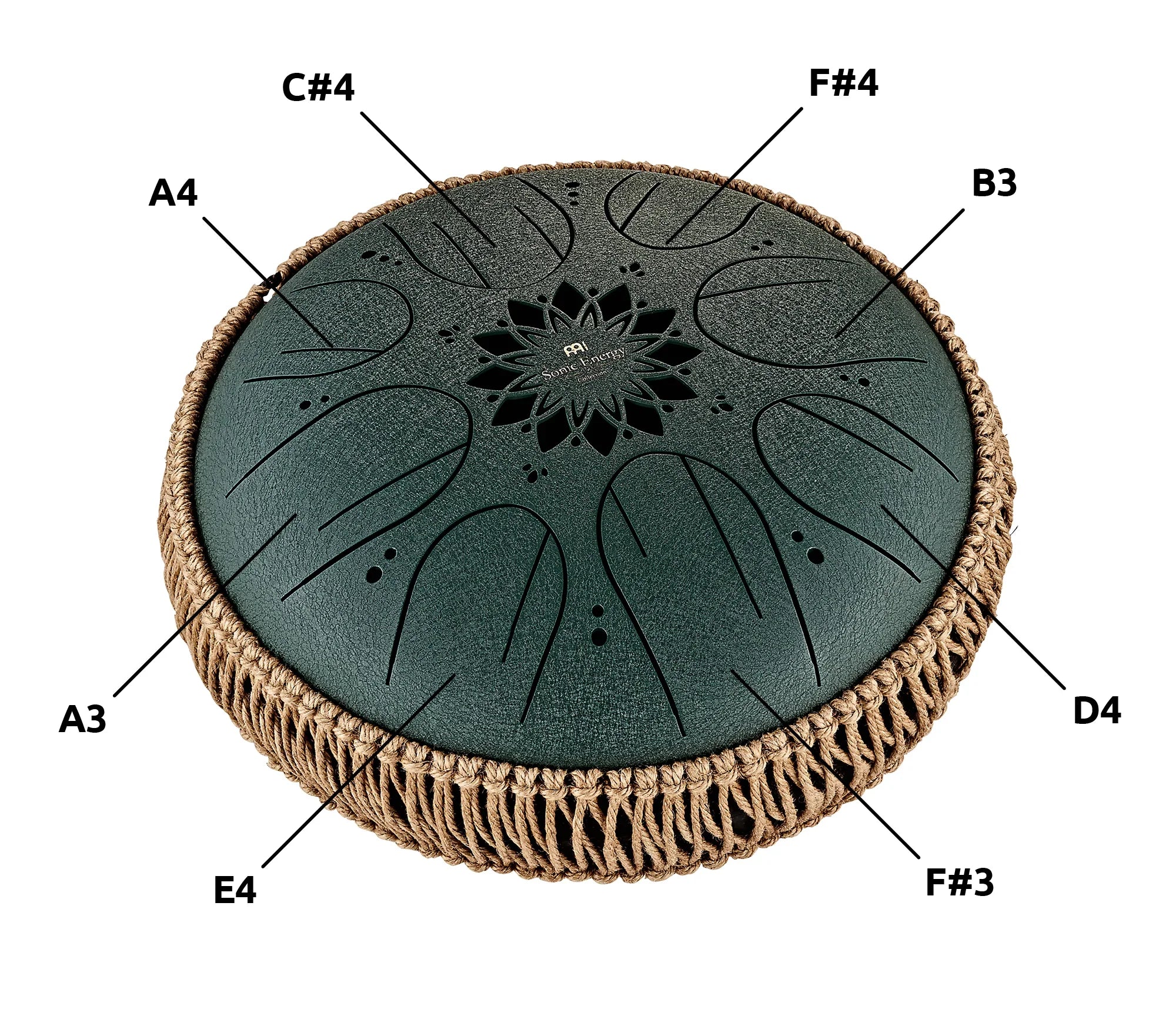Steel tongue drum with engraved notes and decorative rim, ideal for sound healing and meditation.