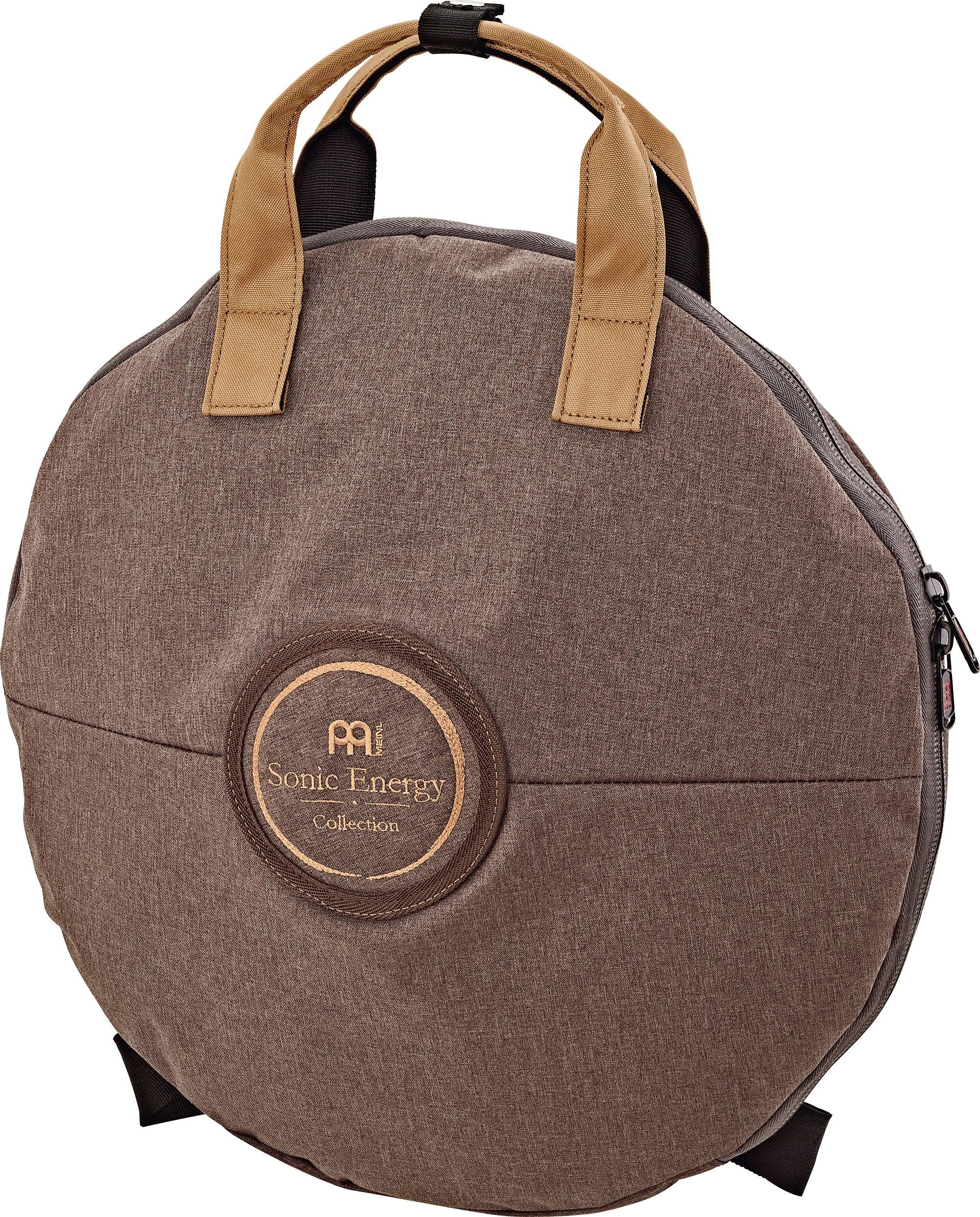 Round brown padded instrument bag with tan handles and &