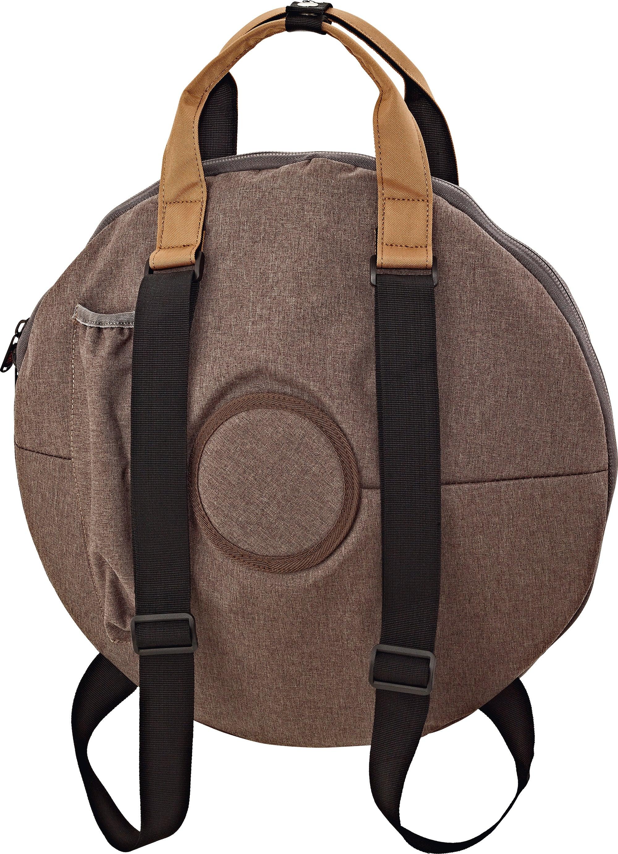 Round padded carrying backpack for sound healing instruments with shoulder straps and handles