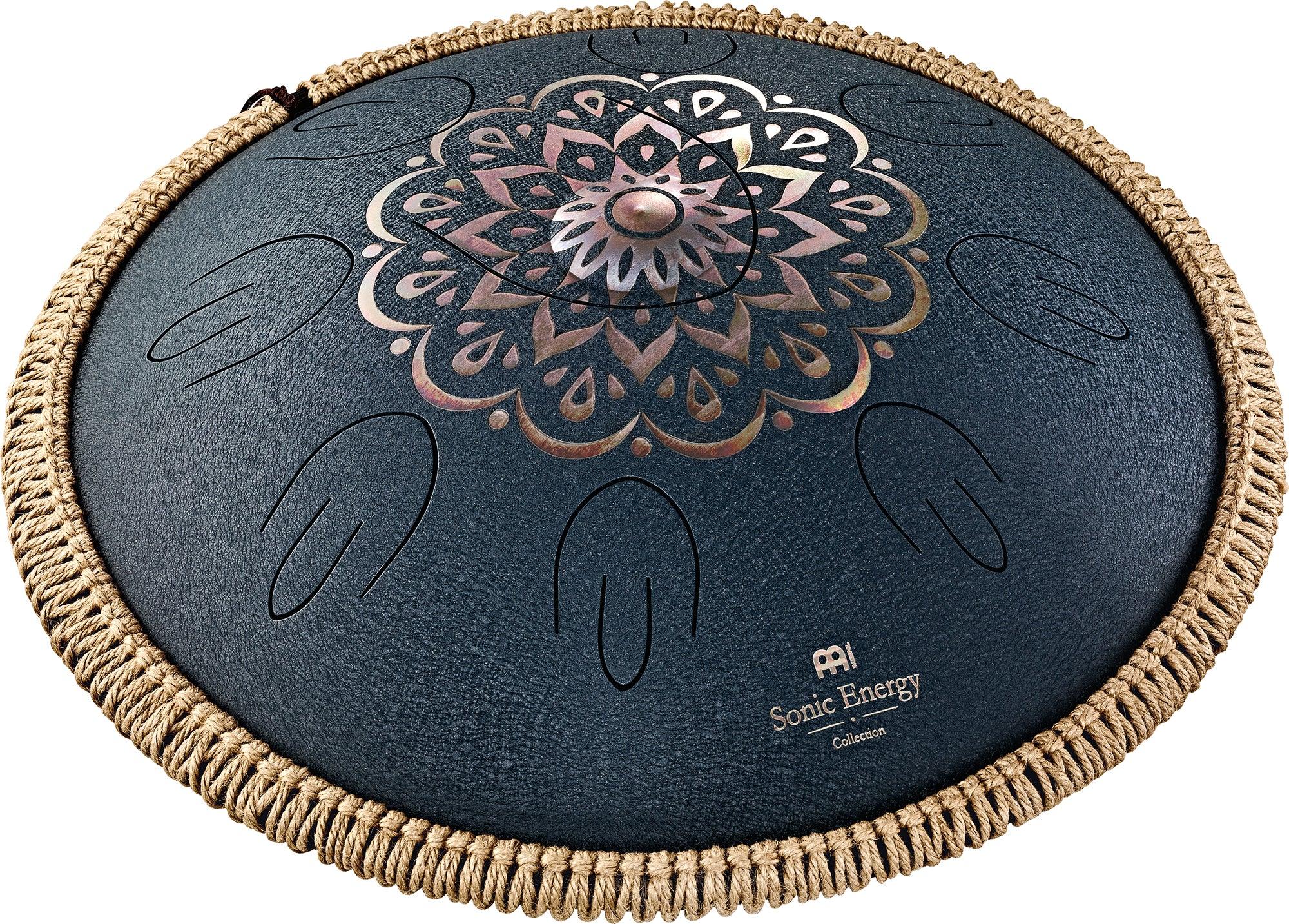 Steel tongue drum with mandala design, rope edge, for sound healing and meditation