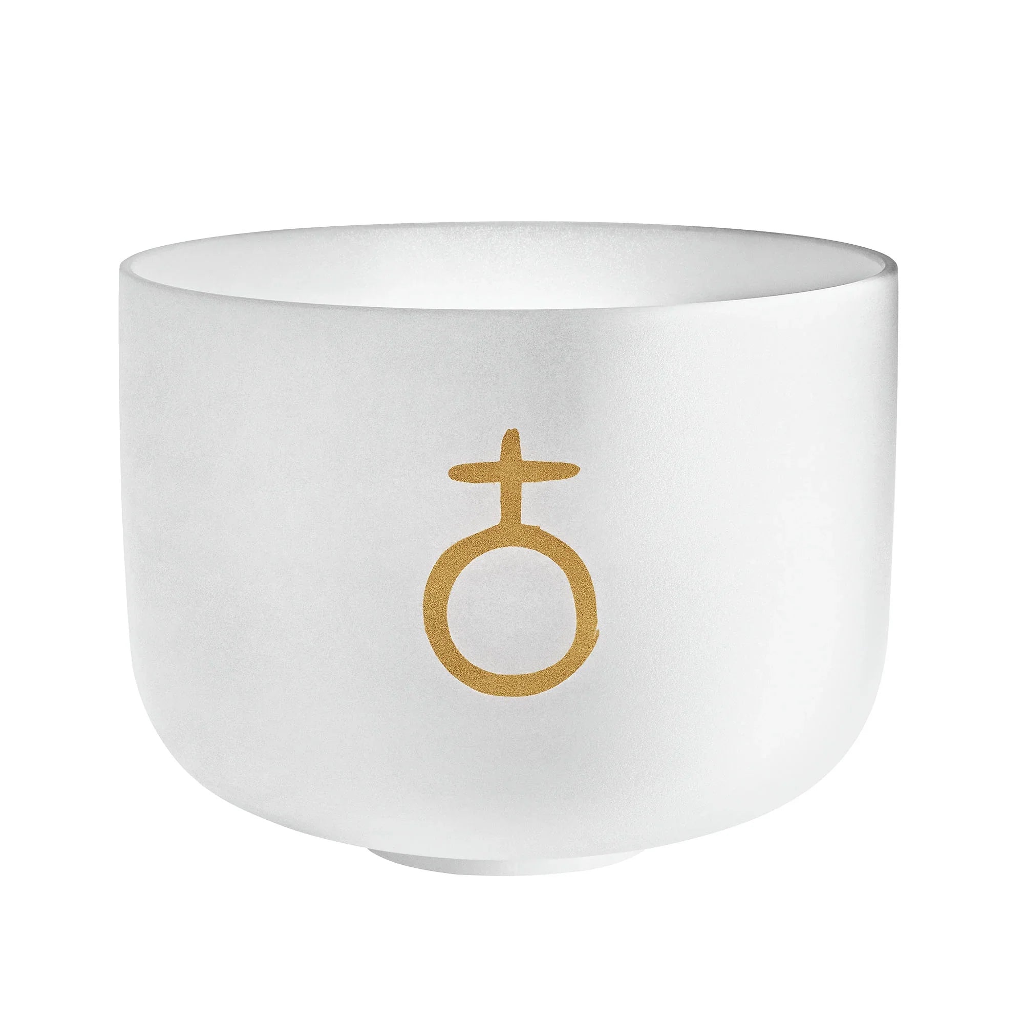 White crystal singing bowl with gold symbol, sound healing instrument on white background