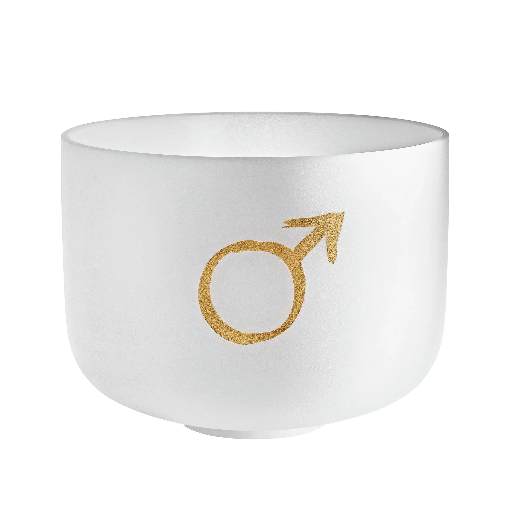 White crystal singing bowl with gold Mars symbol for sound healing and meditation