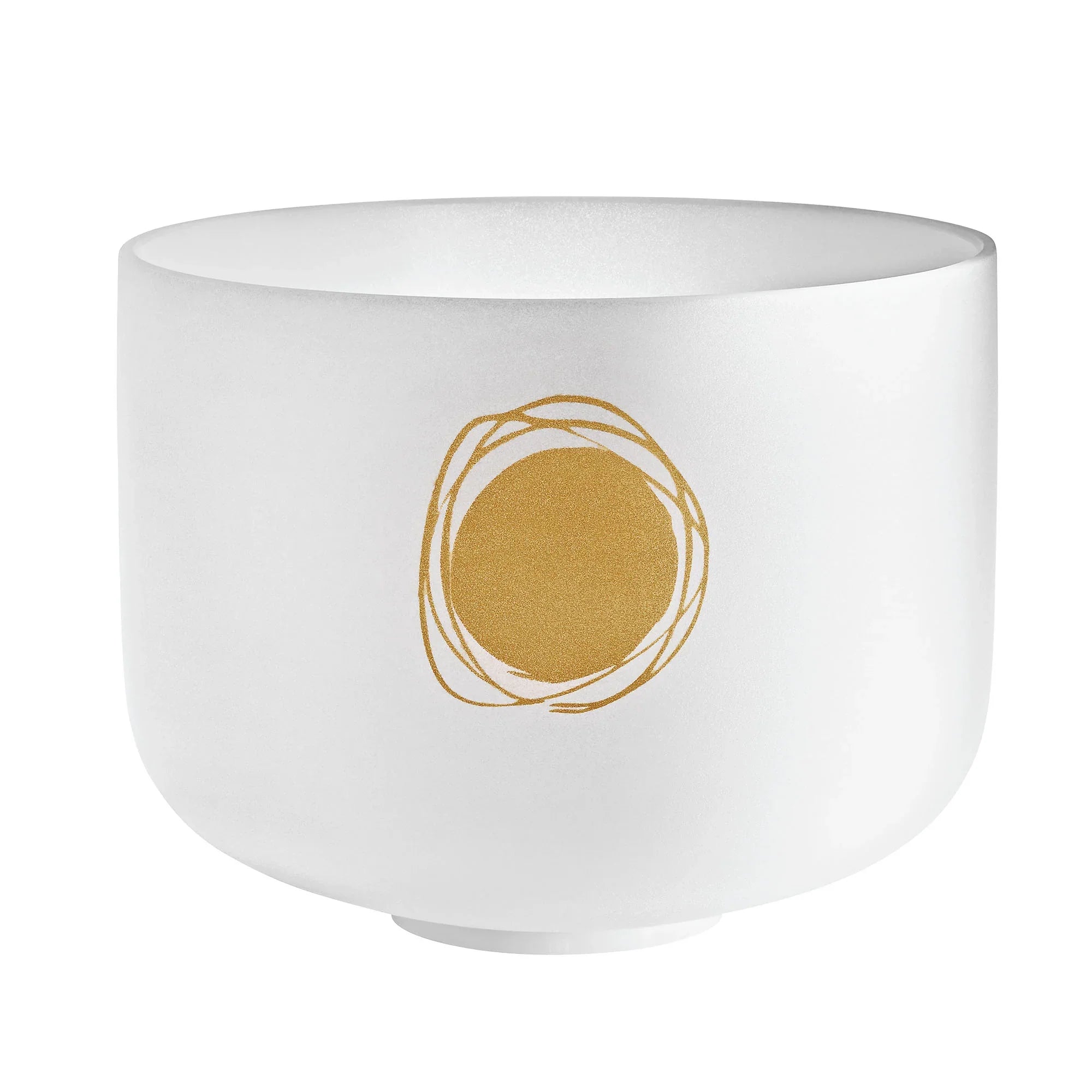 White crystal singing bowl with gold mandala design for sound healing