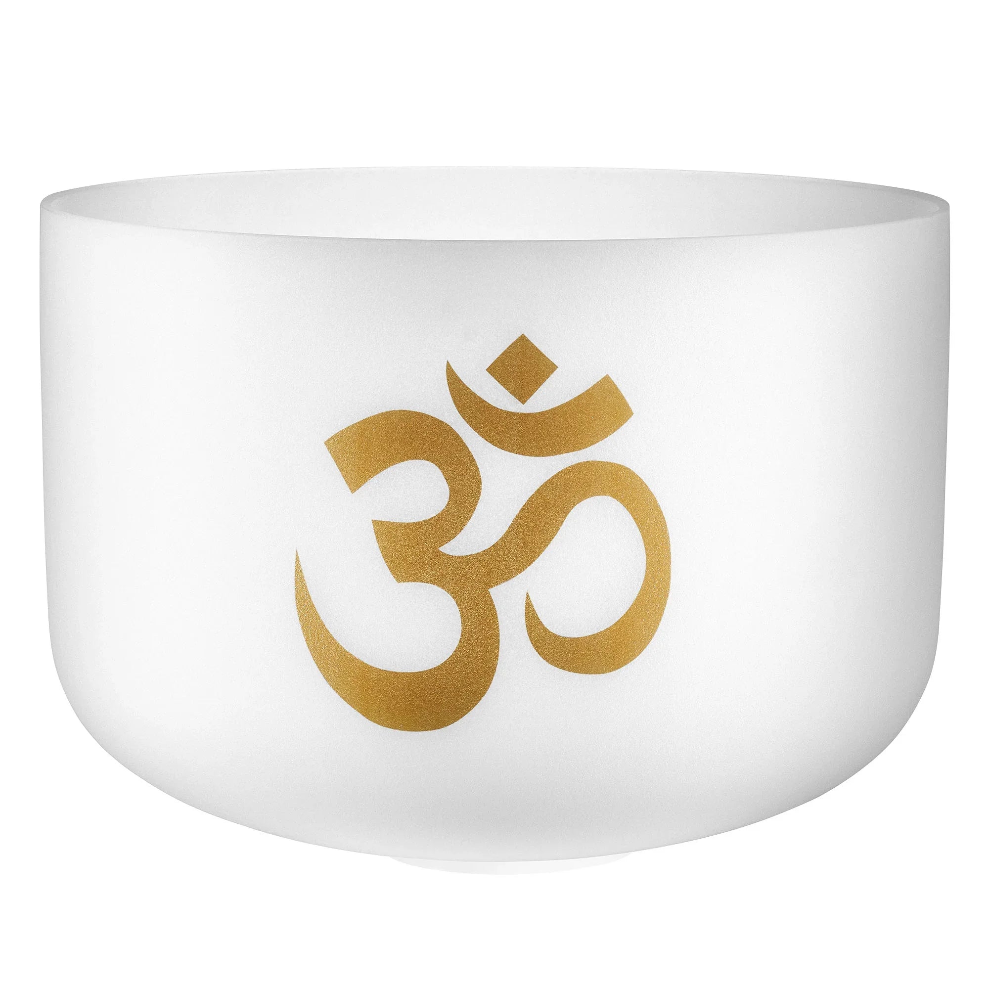 White crystal singing bowl with gold Om symbol for sound healing and meditation