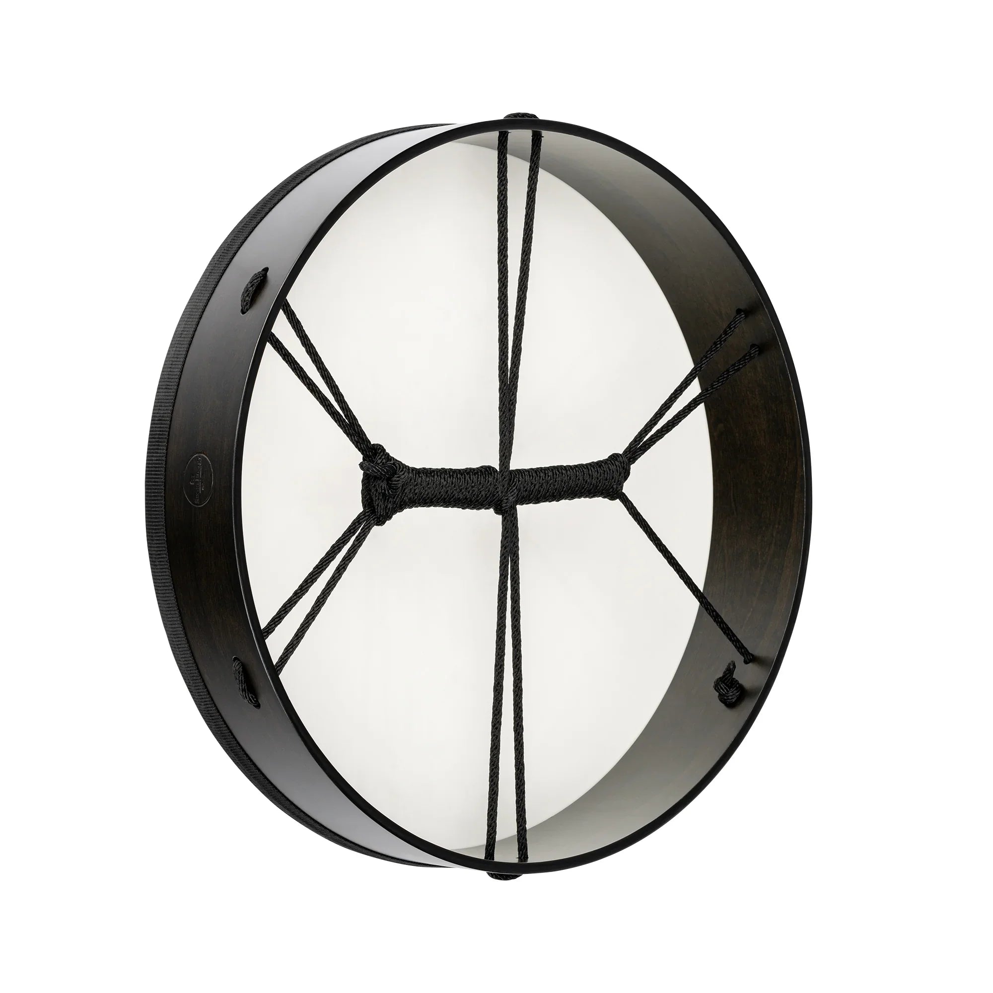 Frame drum with dark wood rim and white drumhead, featuring black rope tensioning