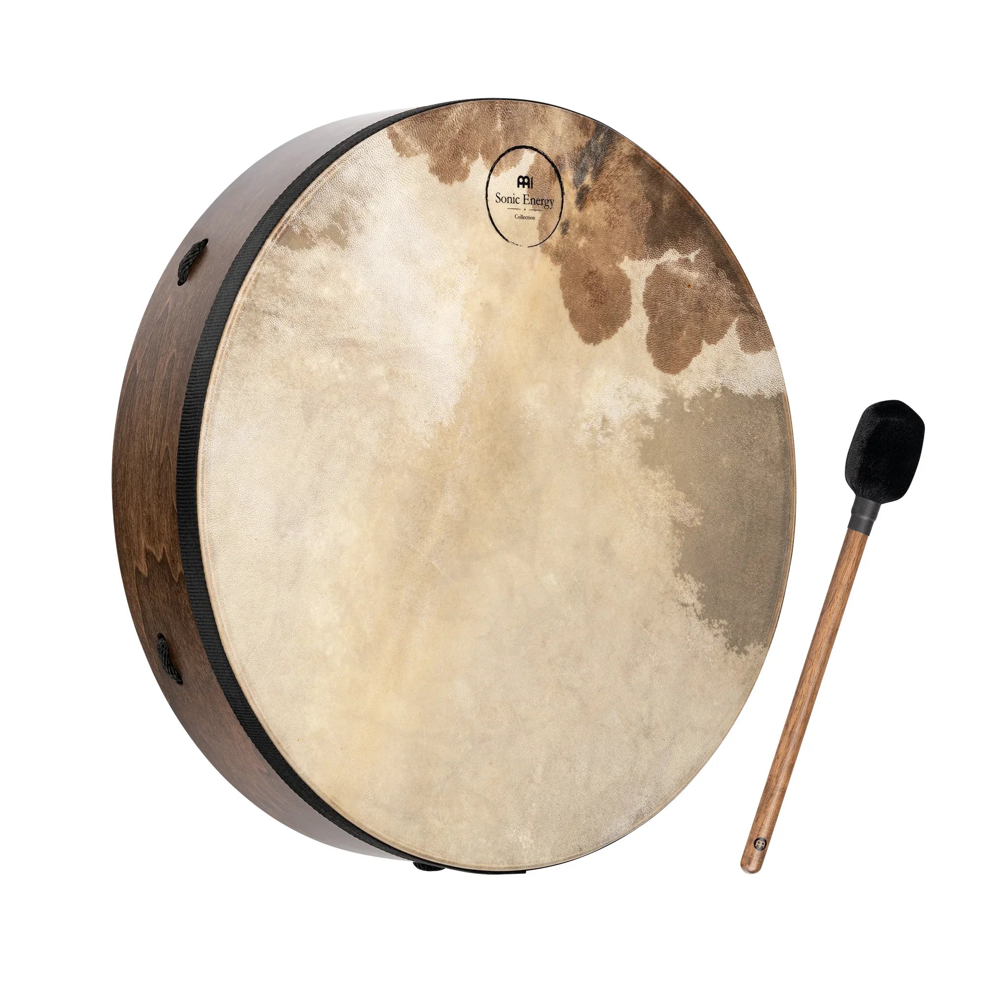 Large frame drum with natural skin head and wooden beater, used for sound healing or reiki.