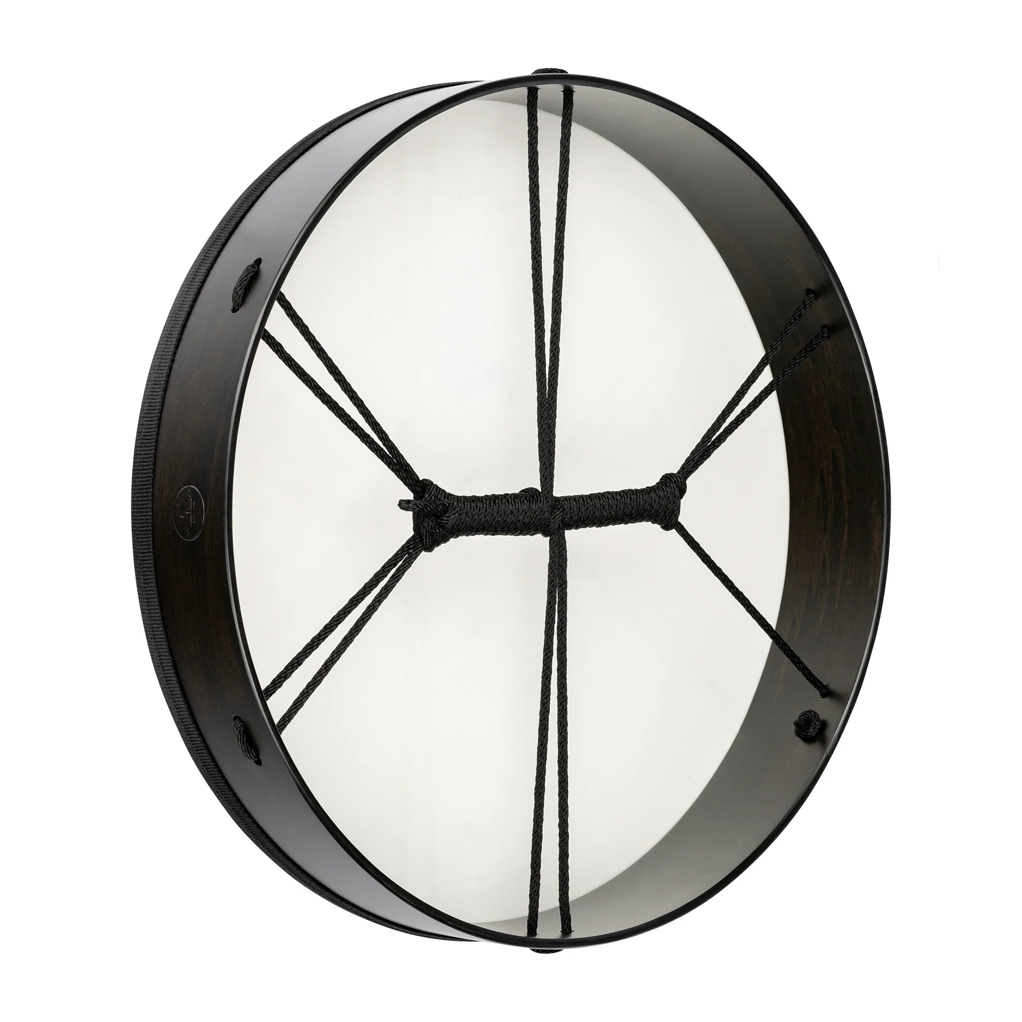 Frame drum with dark wood rim, white drumhead, and black rope handles for sound healing