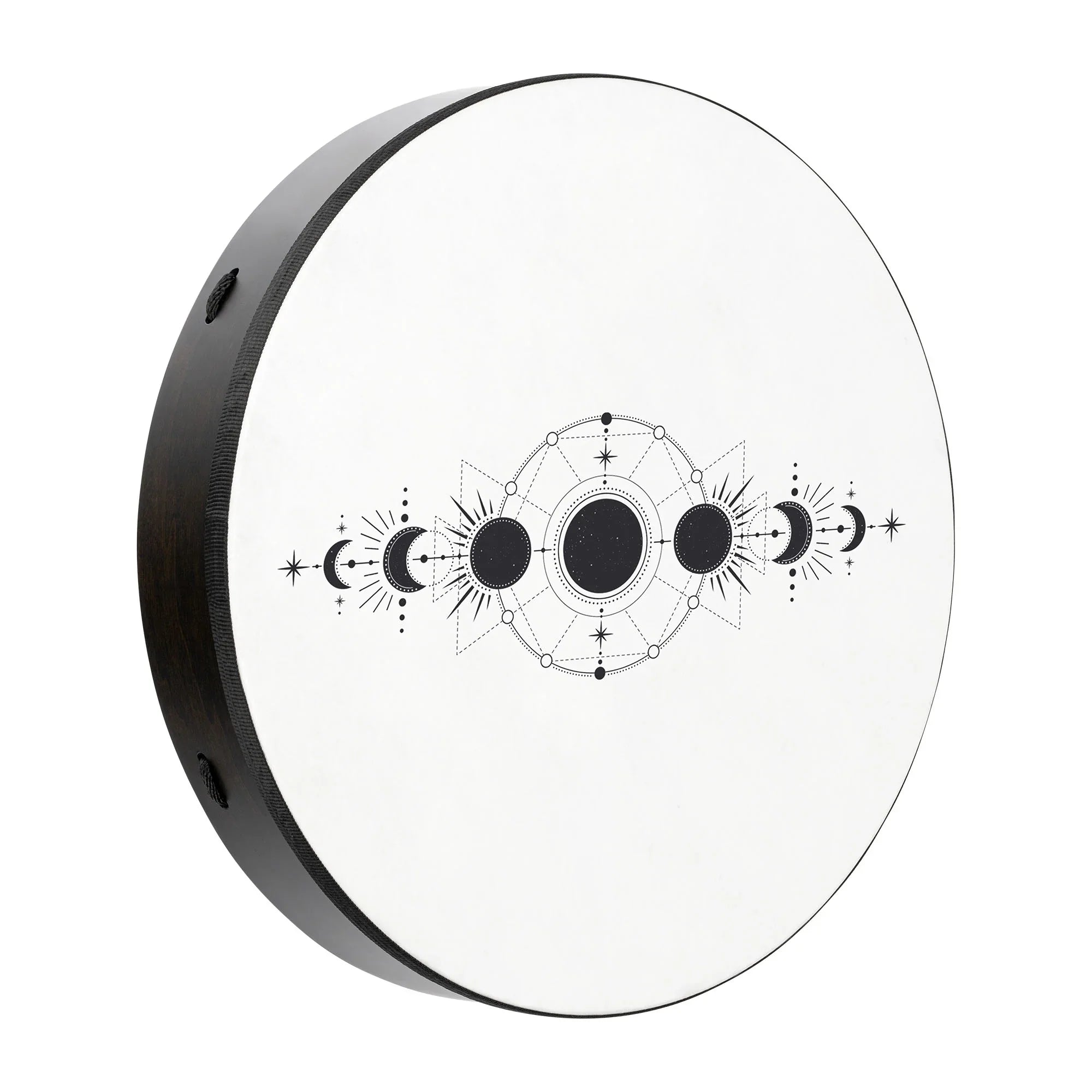 Shamanic frame drum with black lunar phases and geometric design on white drumhead