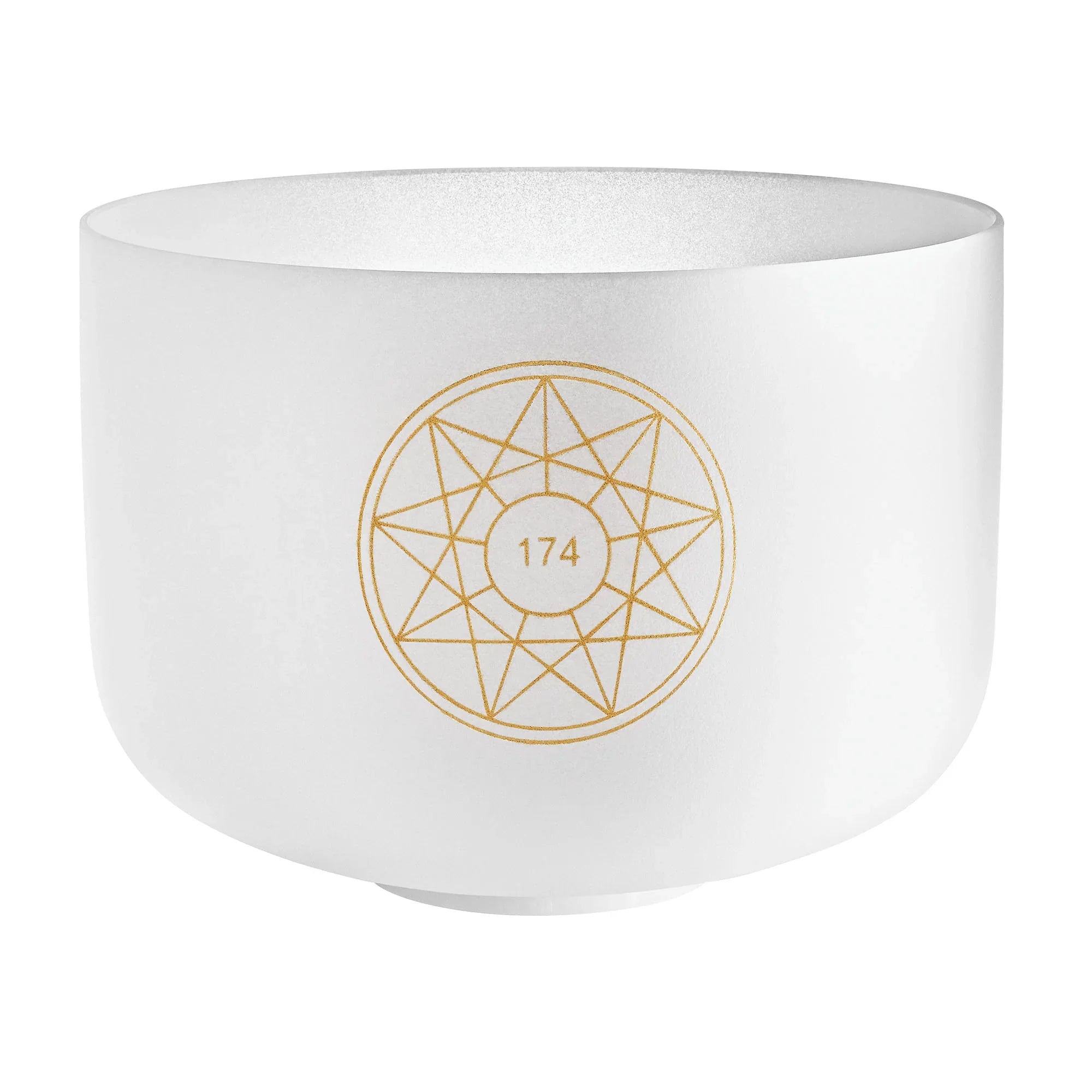 White crystal singing bowl with gold geometric pattern and number 174 for sound healing