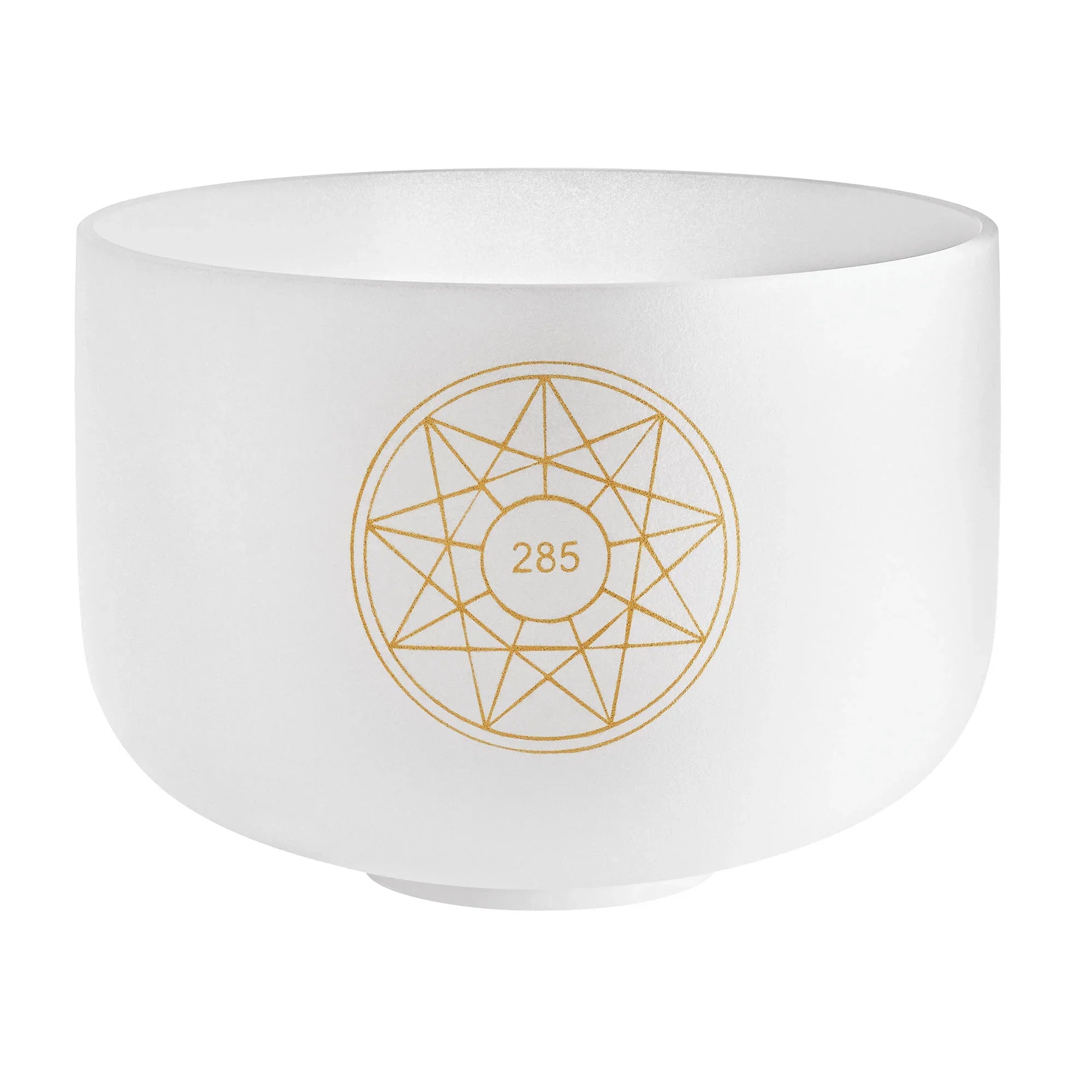 White crystal singing bowl with gold geometric design and 285 Hz frequency marking