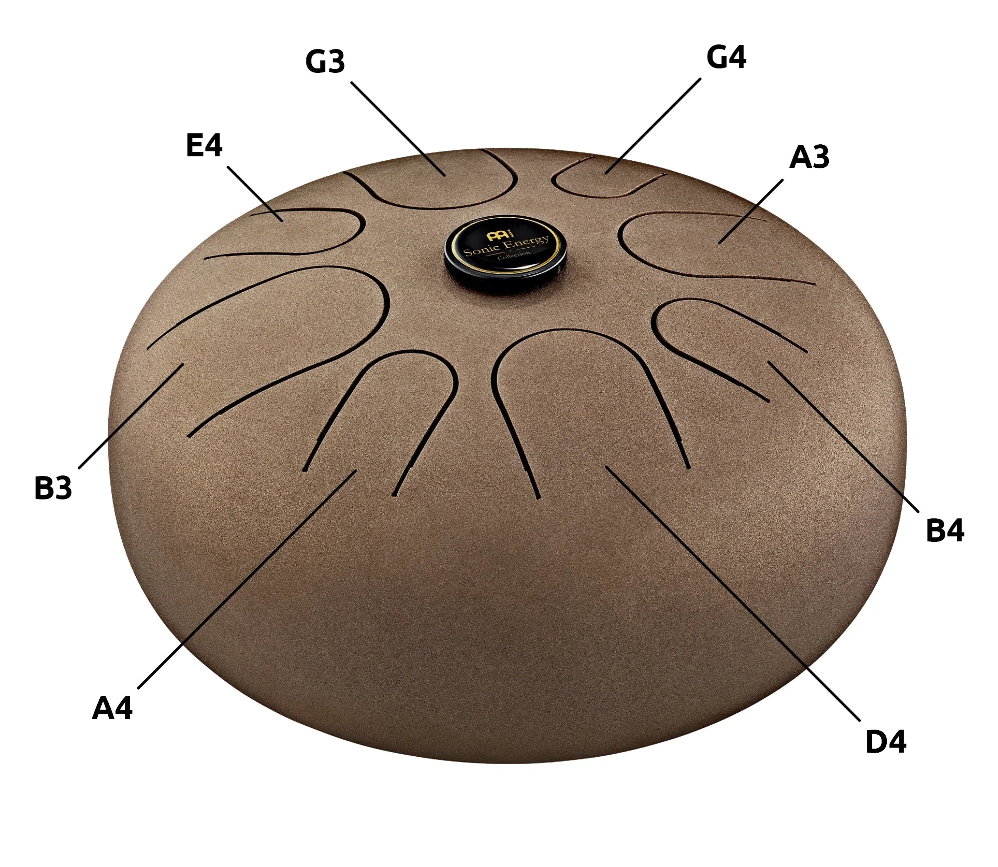 Steel tongue drum with labeled note cutouts for sound healing and meditation