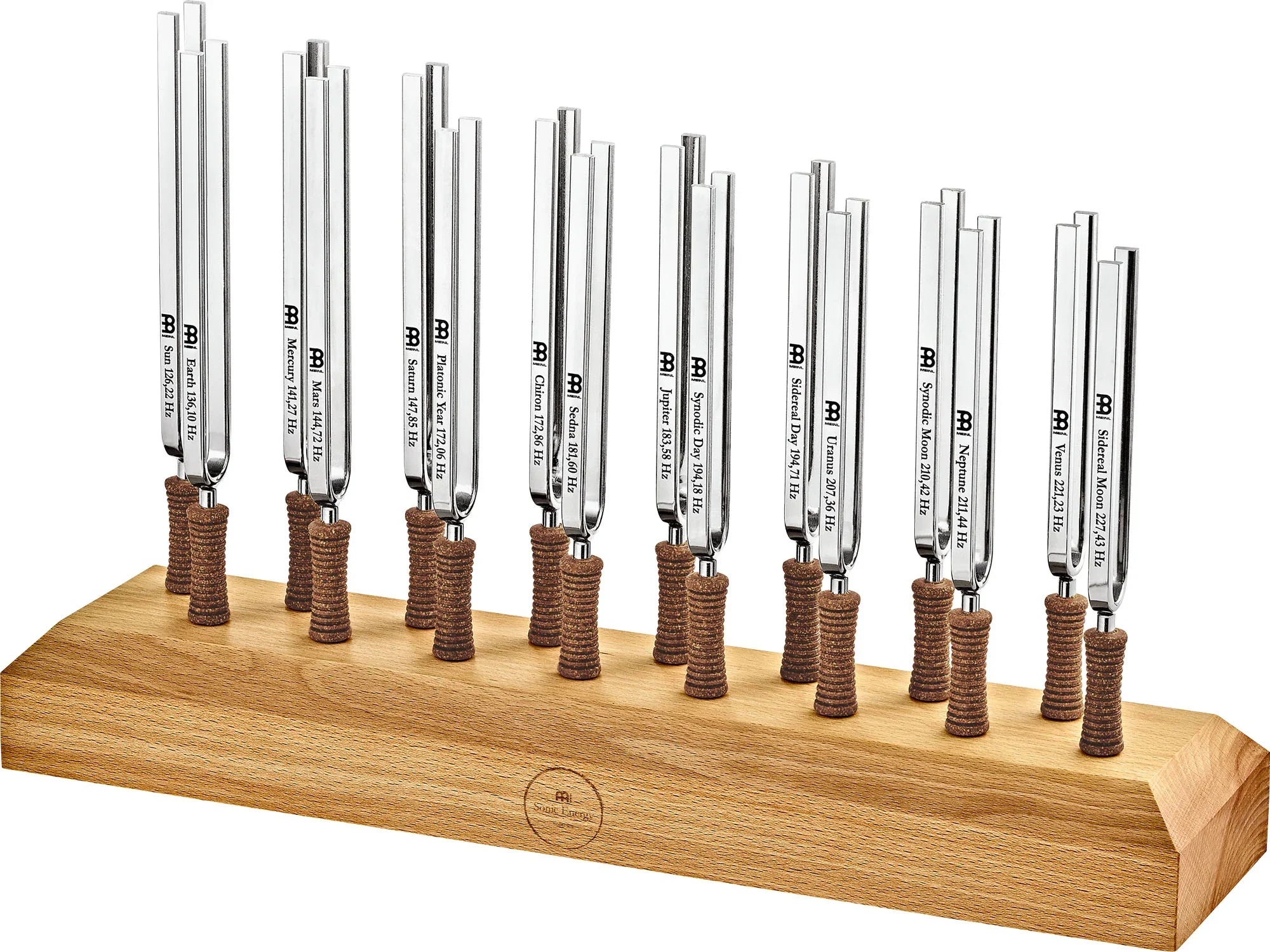 Set of 16 tuning forks for sound healing on wooden stand, labeled with planetary frequencies