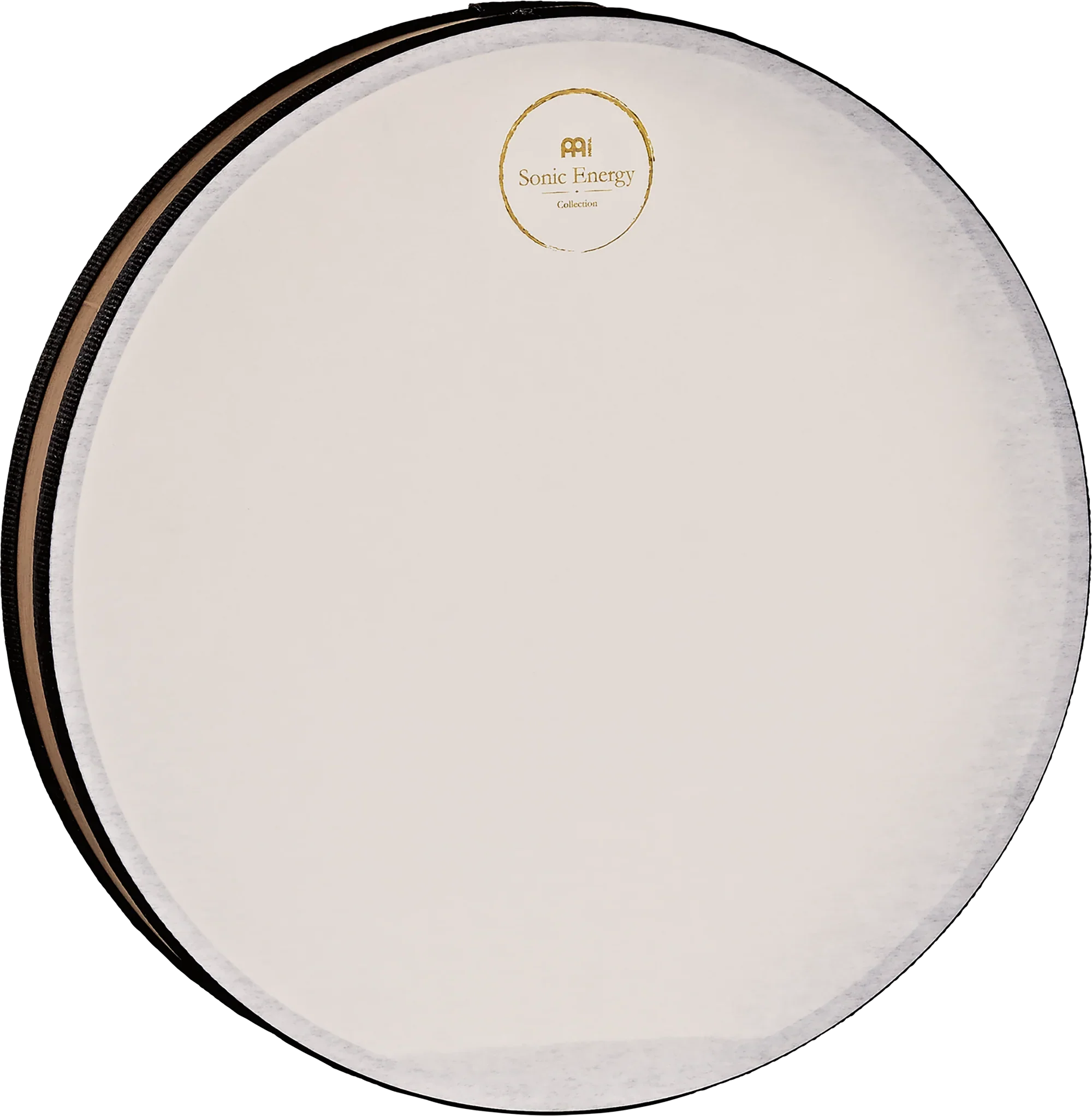 White frame drum with Sonic Energy logo, percussion instrument for sound healing