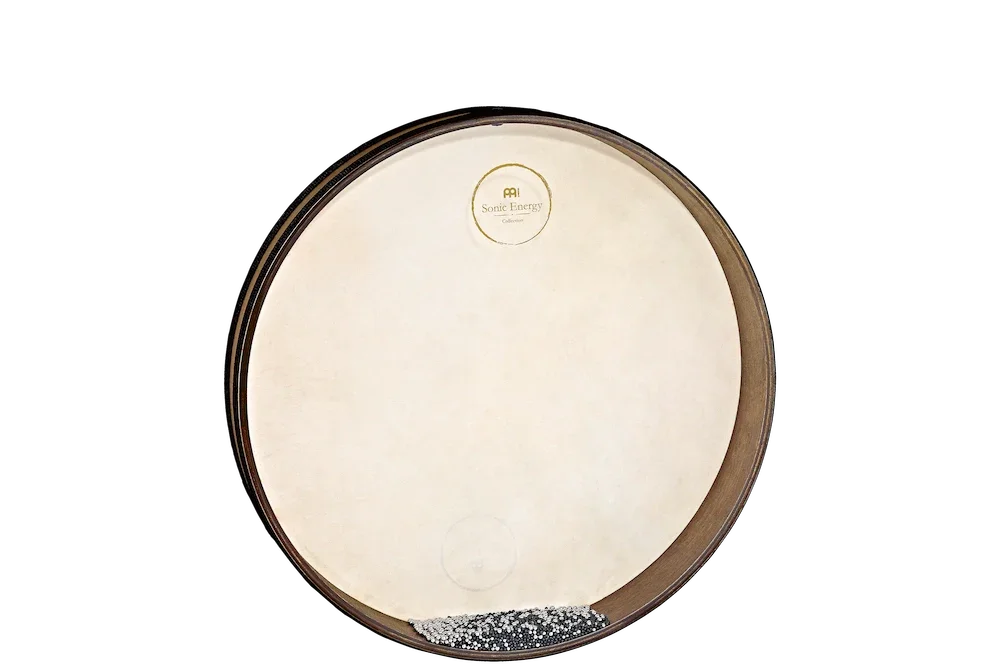Wooden ocean drum with natural drumhead, filled with beads for sound healing and meditation