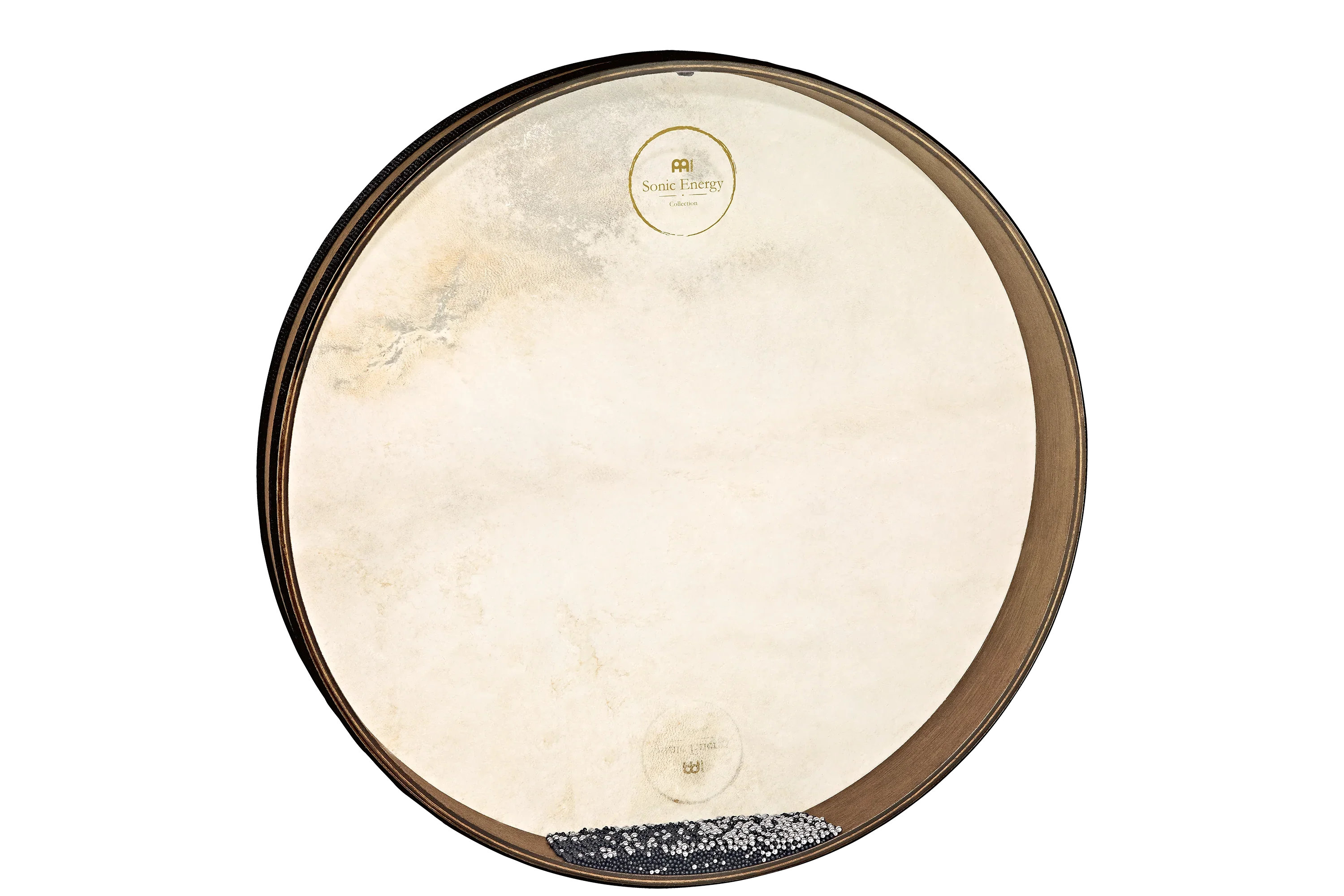 Frame drum with natural skin head, wooden rim, and metal beads for sound healing