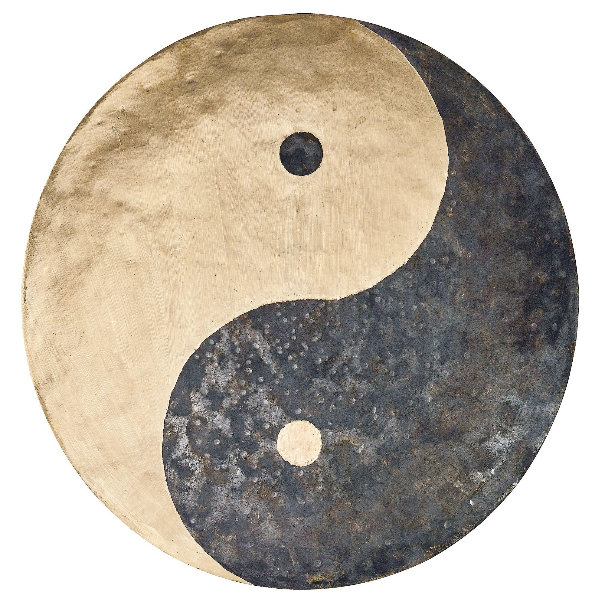 Yin yang gong for sound healing, hand-hammered metal with gold and black design