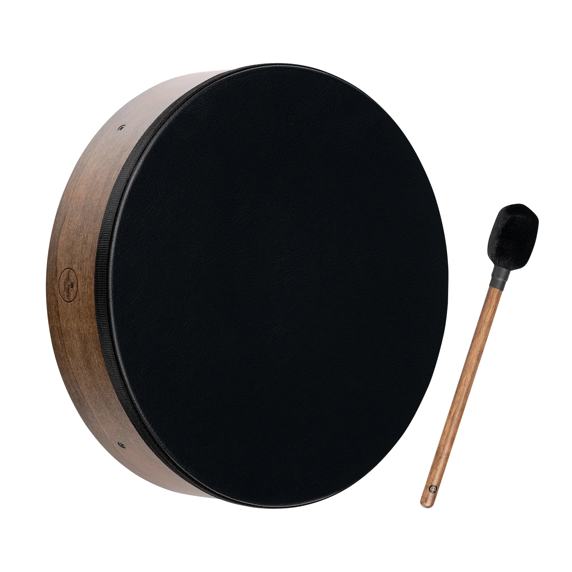 Black frame drum with wooden beater, sound healing percussion instrument