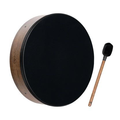 Black frame drum with wooden beater, sound healing percussion instrument