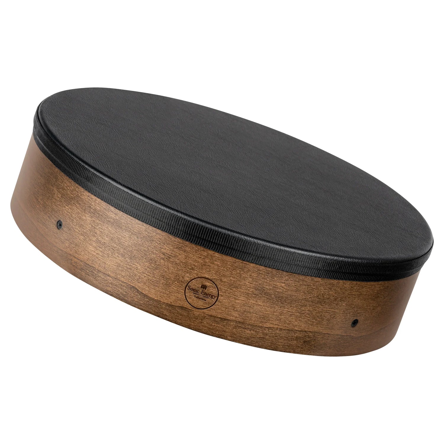 Black synthetic frame drum with natural wood shell, ideal for sound healing and Reiki.