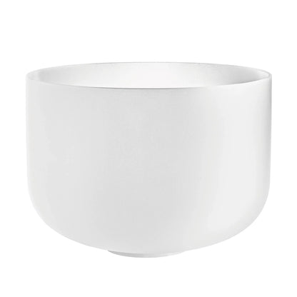 White crystal singing bowl for sound healing on a plain background