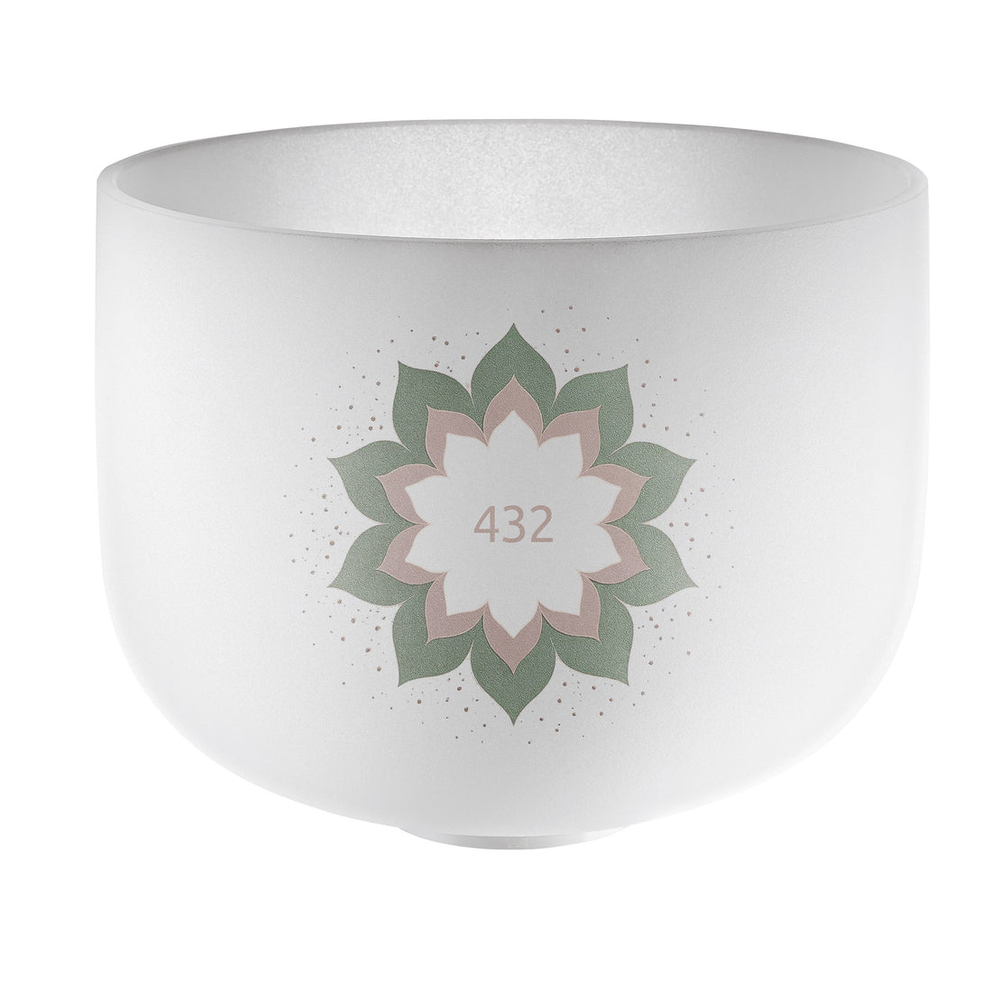 White crystal singing bowl with lotus mandala and 432Hz sound healing tuning