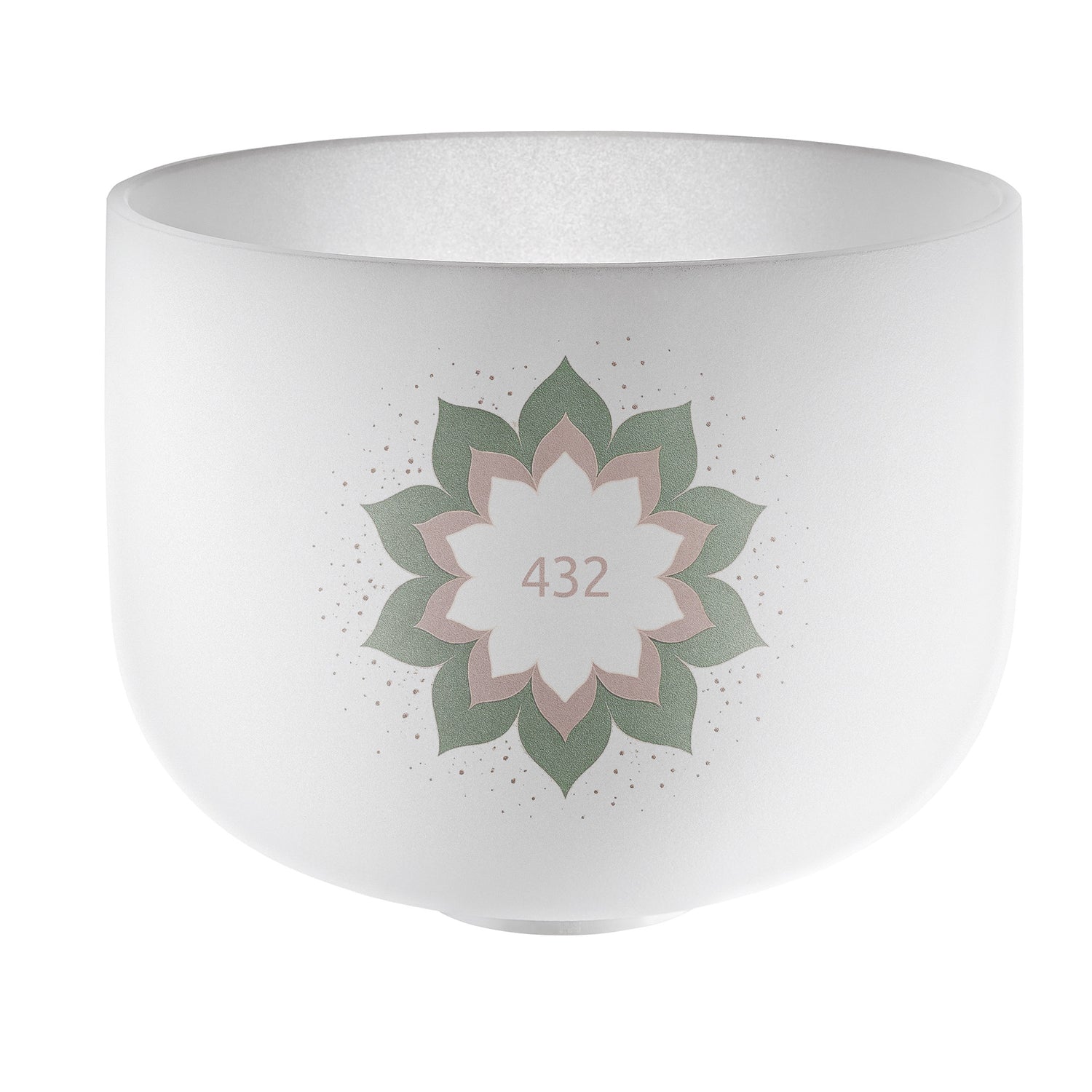 White crystal singing bowl with lotus mandala and 432Hz sound healing tuning