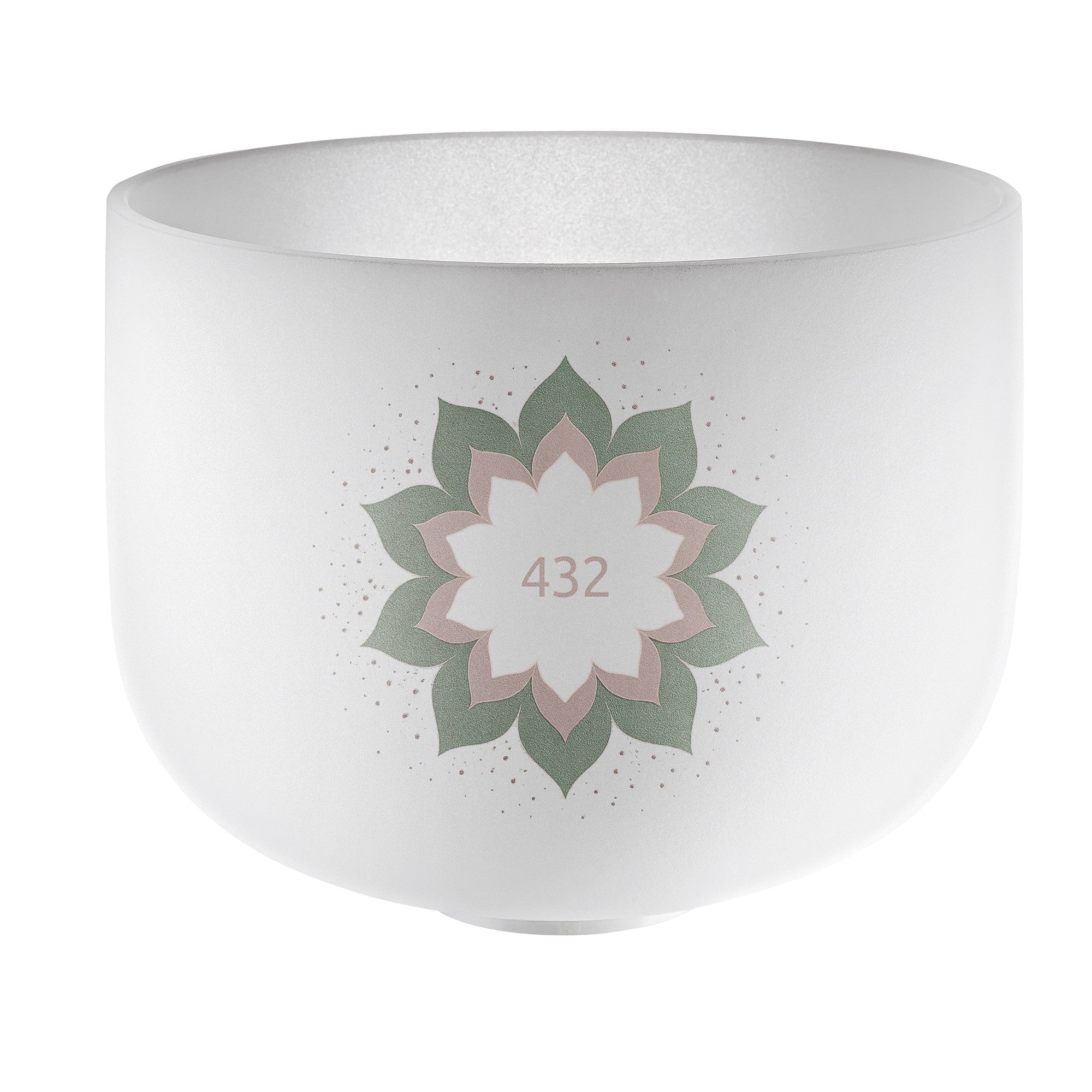 White crystal singing bowl with lotus mandala and 432Hz sound healing tuning