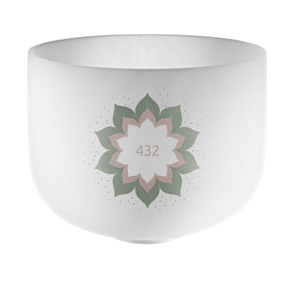 White crystal singing bowl with lotus mandala and 432Hz sound healing tuning