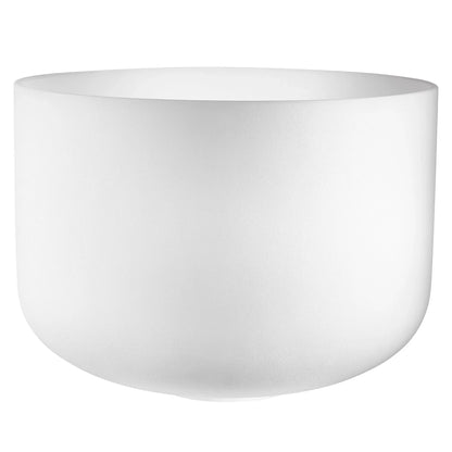 White frosted crystal singing bowl for sound healing on a plain background.