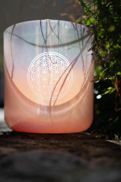 9" Essence Crystal Singing Bowl, Note C3, Light Rose Gold, Flower of Life 128 Hz