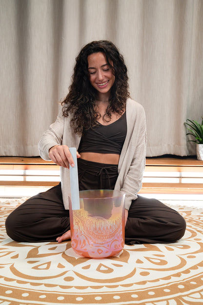 9" Essence Crystal Singing Bowl, Note C3, Light Rose Gold, Flower of Life 128 Hz