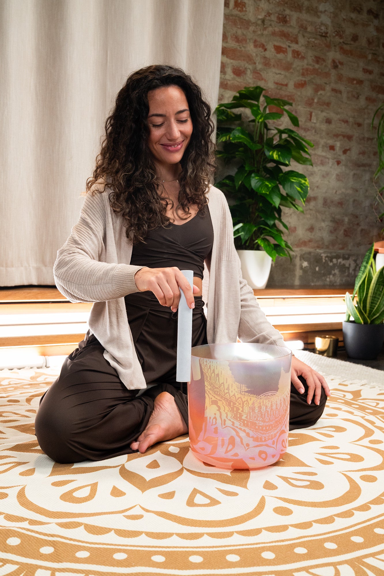 9" Essence Crystal Singing Bowl, Note C3, Light Rose Gold, Flower of Life 128 Hz