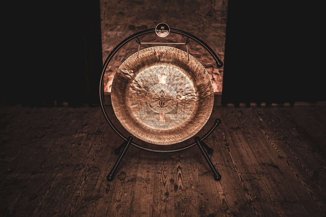 22" Indian Premium Wind Gong with Stand, Hand-engraved Mantra