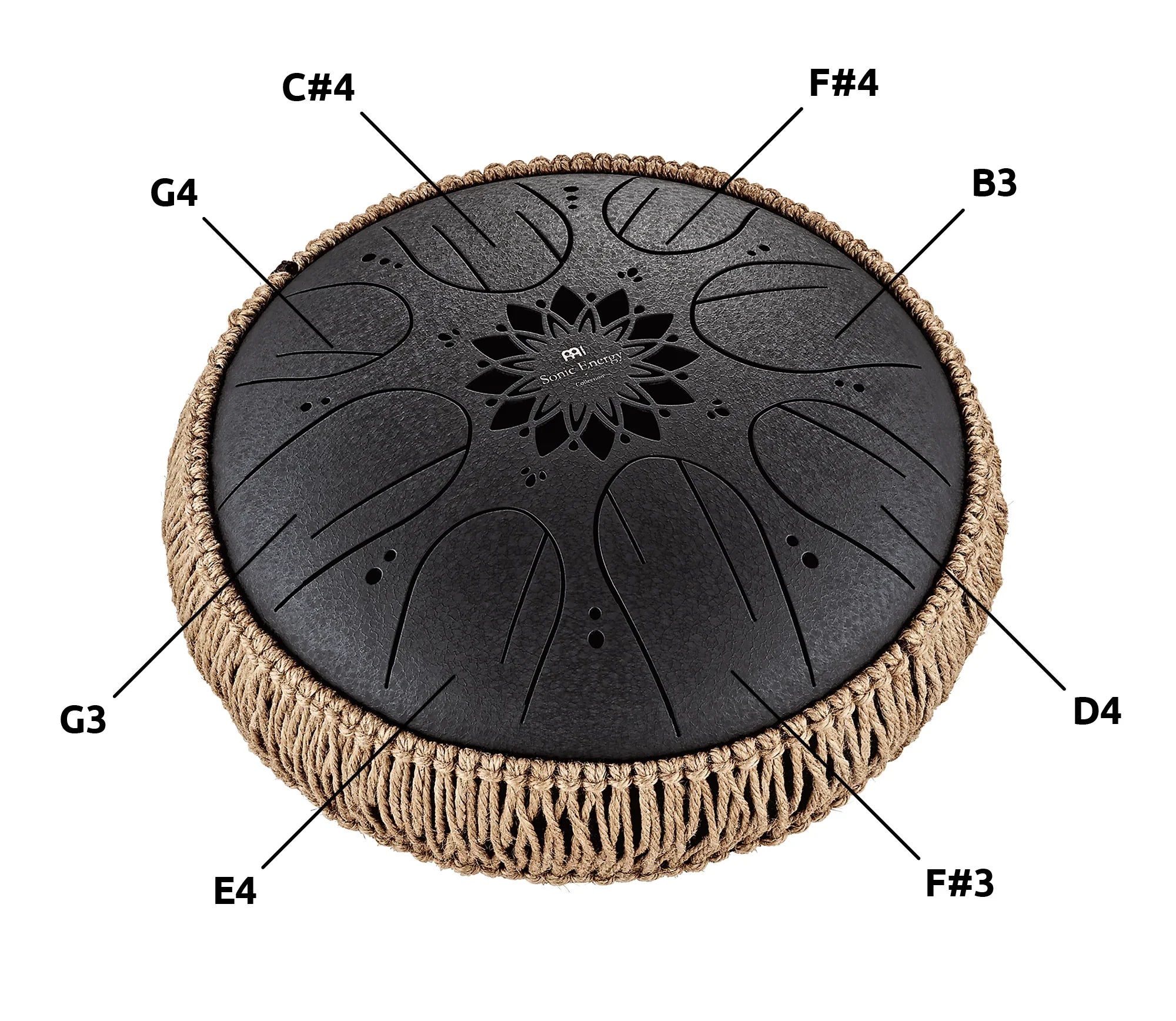 Black tongue drum with rope edge, labeled notes for sound and energy healing