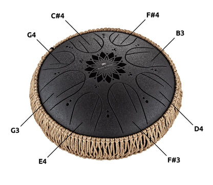 Black tongue drum with rope edge, labeled notes for sound and energy healing