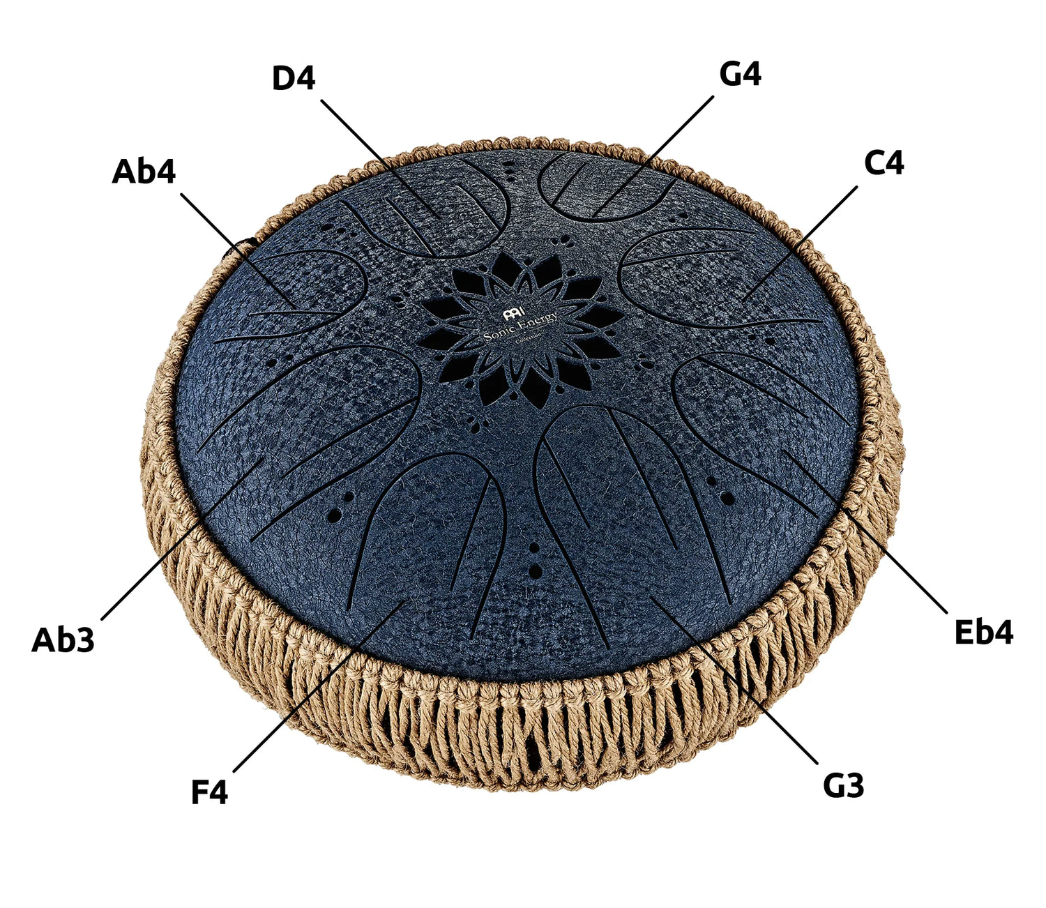 Black tongue drum with note labels, decorative rope edge, and etched flower pattern top