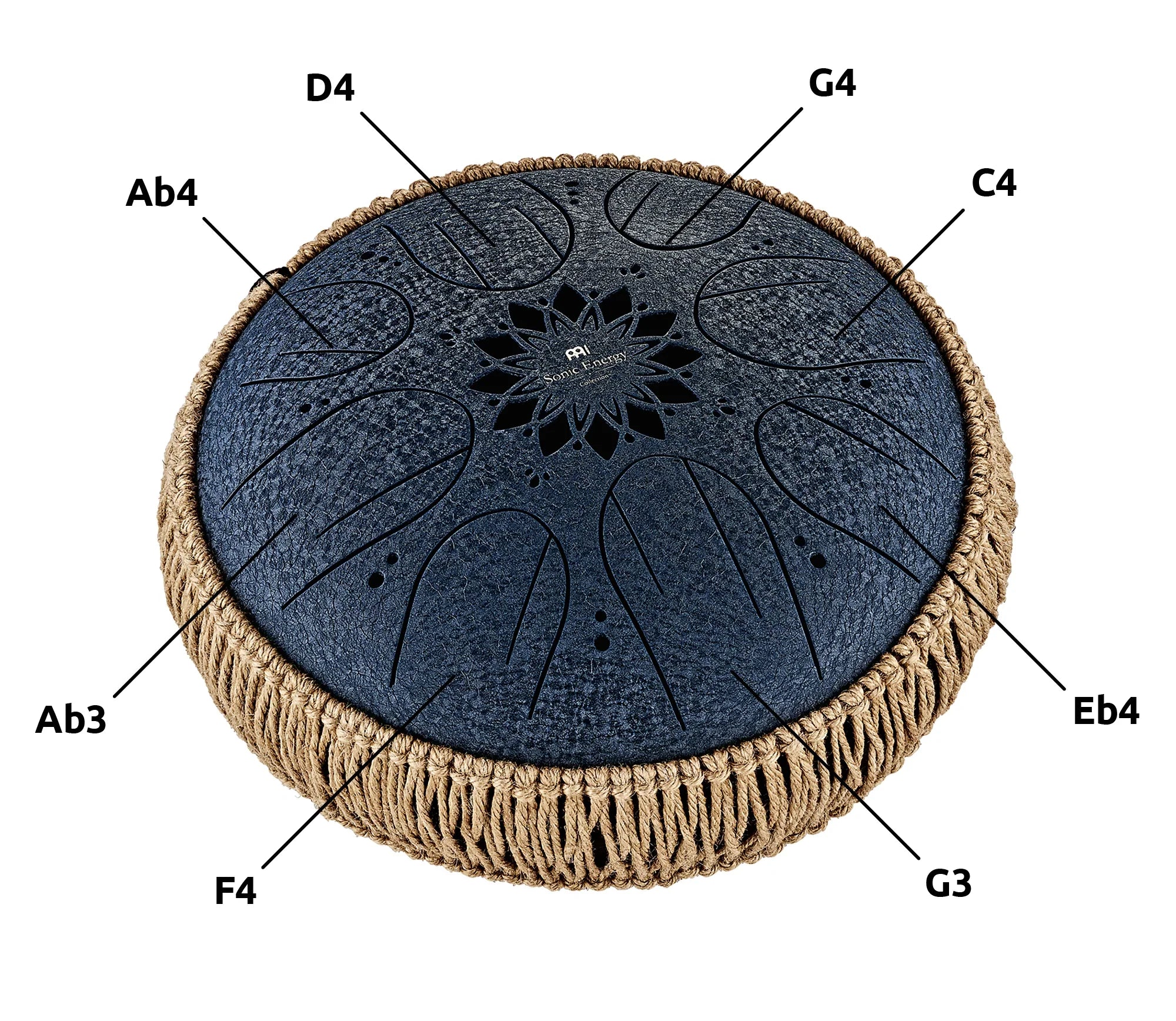 Black tongue drum with note labels, decorative rope edge, and etched flower pattern top