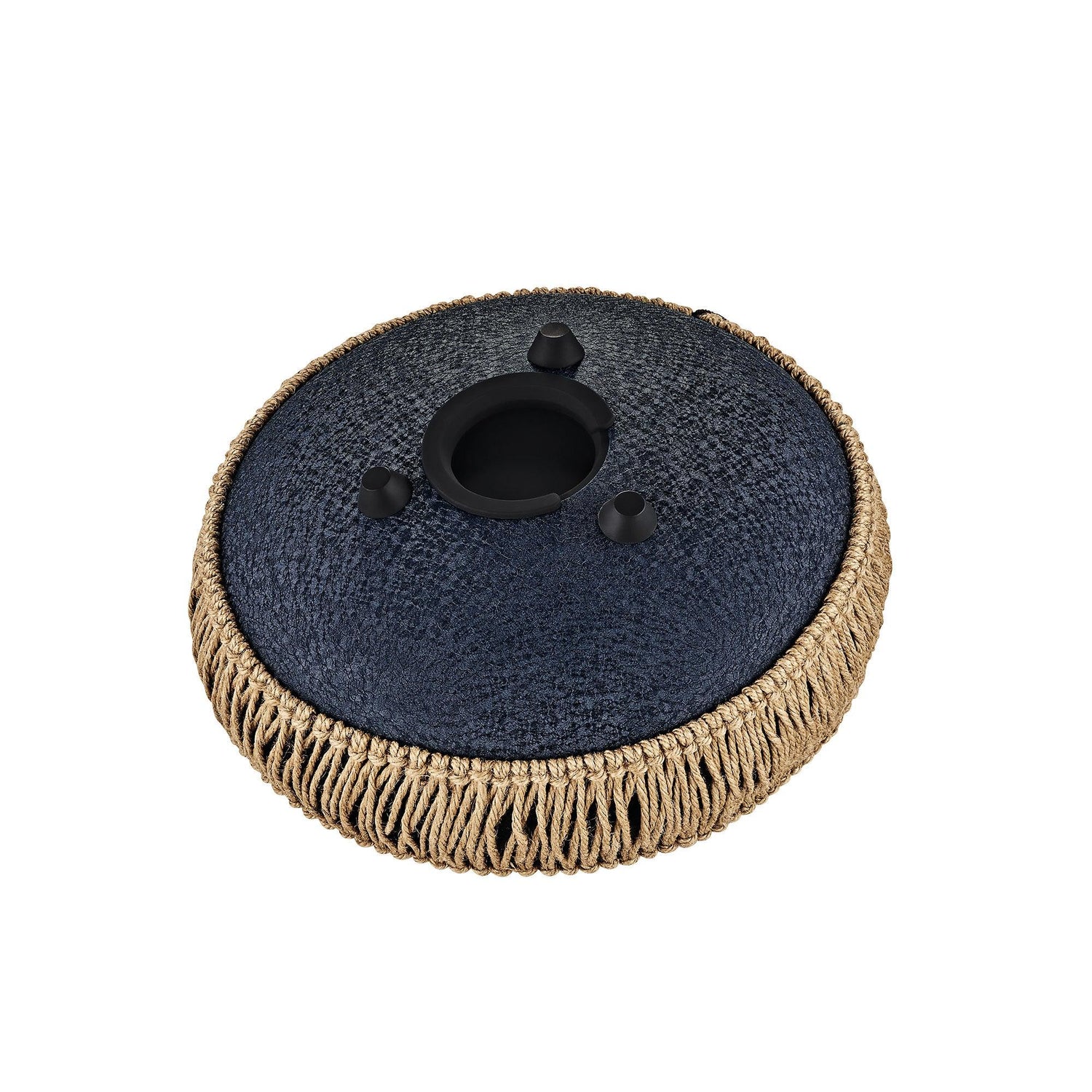 Textured black percussion drum with beige rope trim for sound healing and meditation
