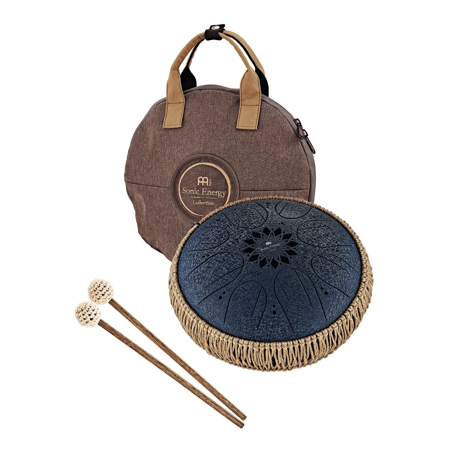 Steel tongue drum with mallets, decorative rope trim, and padded carrying case for sound healing.