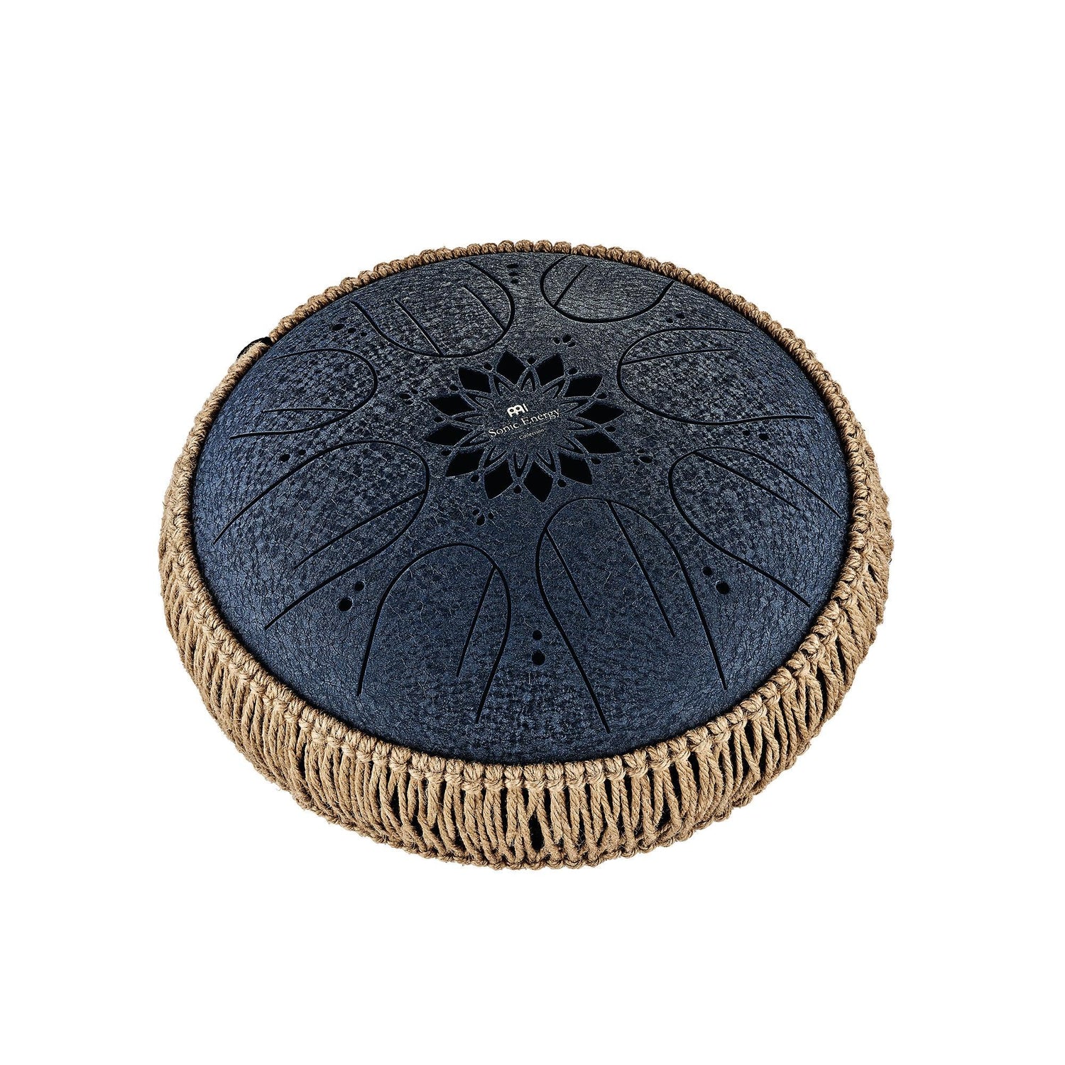 Black steel tongue drum with decorative cutouts and woven natural fiber trim, isolated on white background.