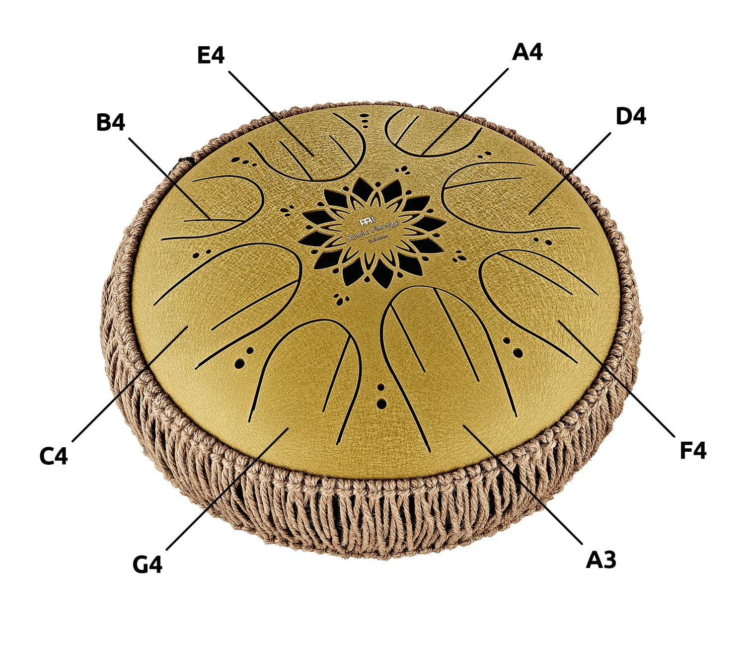 Gold steel tongue drum with floral cutout, rope trim, and musical note labels for sound healing