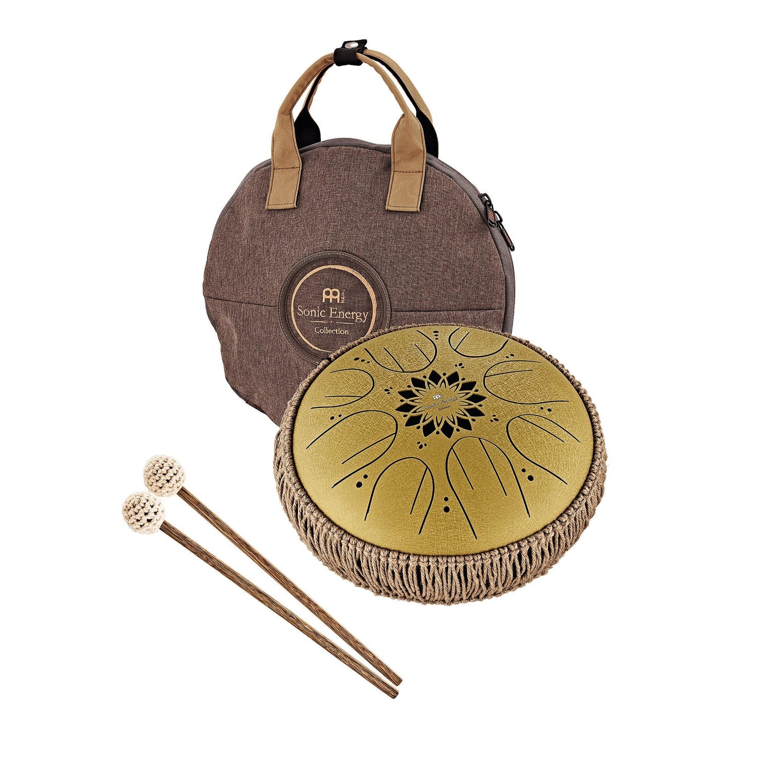 Steel tongue drum with decorative cutouts, carrying bag, and mallets for sound healing.