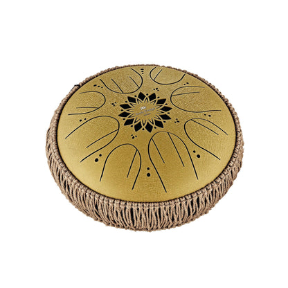 Gold steel tongue drum with decorative lotus design and rope-wrapped edge for sound healing