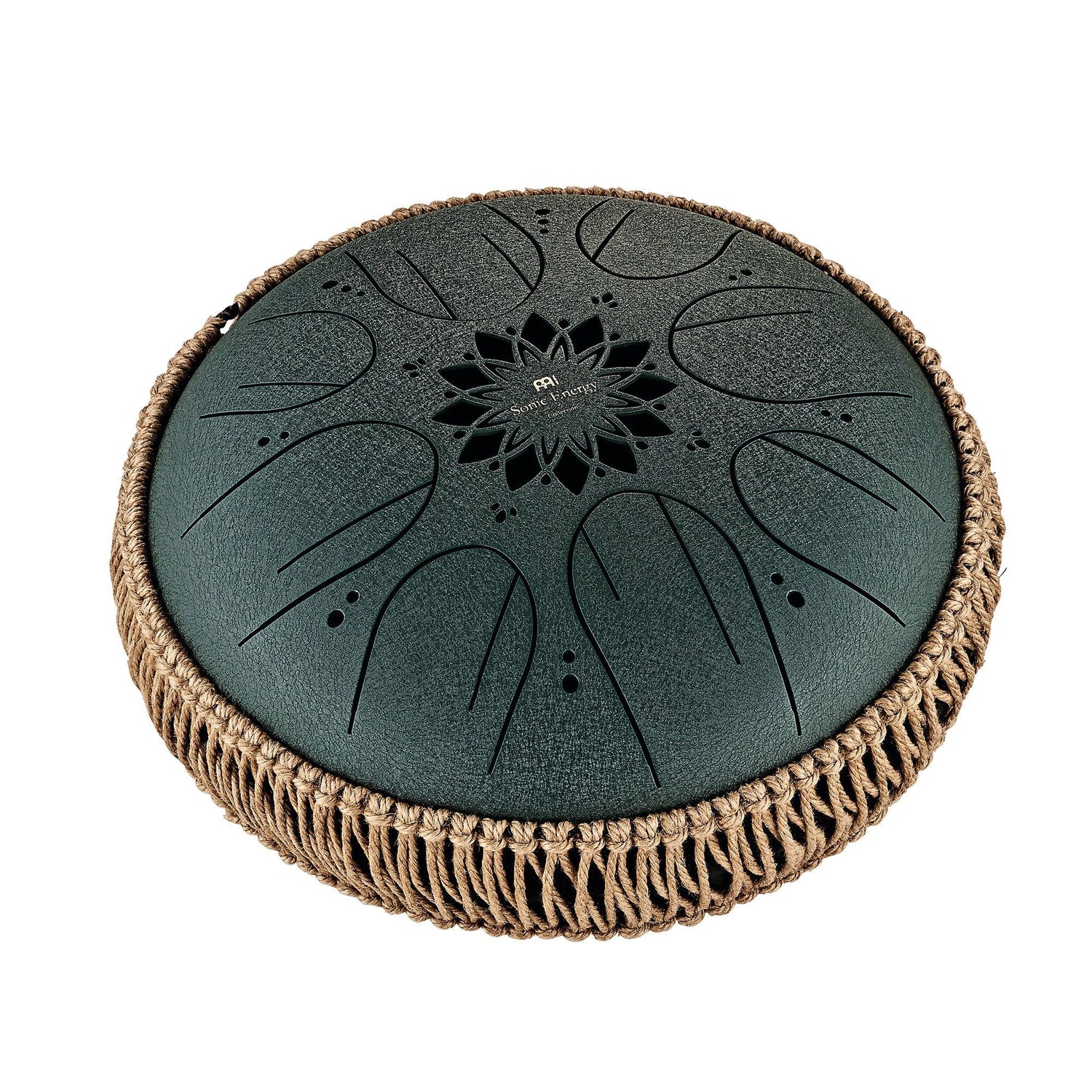 Steel tongue drum with decorative cutouts and rope trim for sound healing or meditation