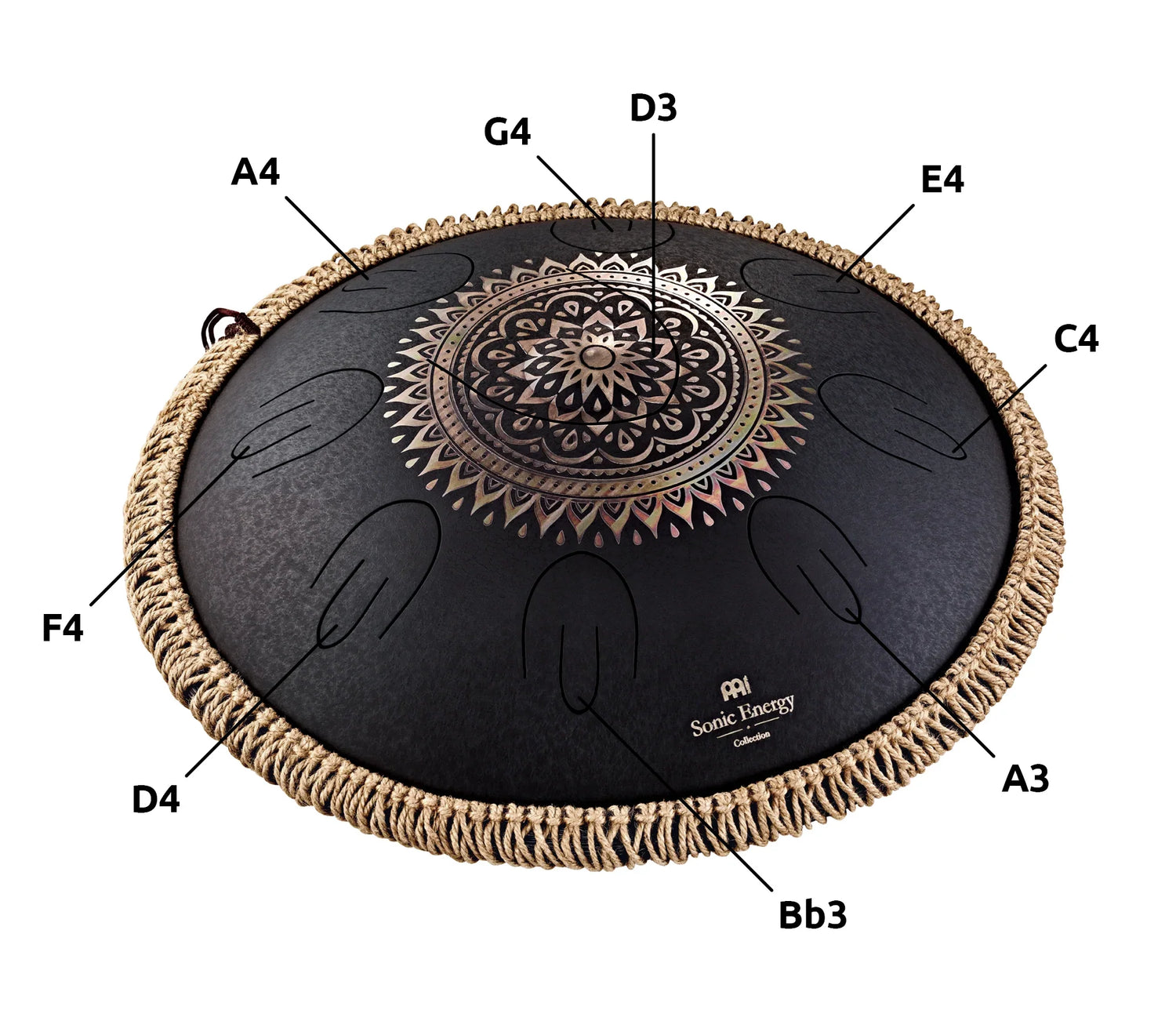 Decorative steel tongue drum with engraved mandala, labeled musical notes, for sound healing