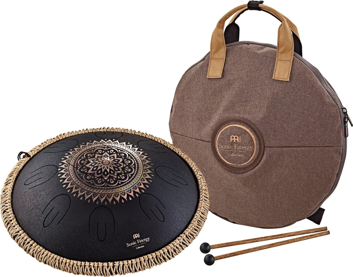 Decorative steel tongue drum with mandala design, carrying bag, and mallets for sound healing.