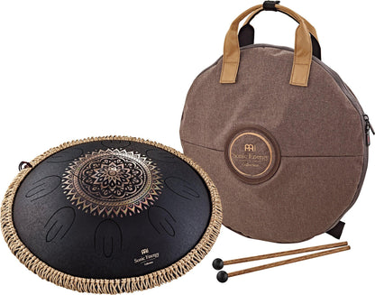 Decorative steel tongue drum with mandala design, carrying bag, and mallets for sound healing.